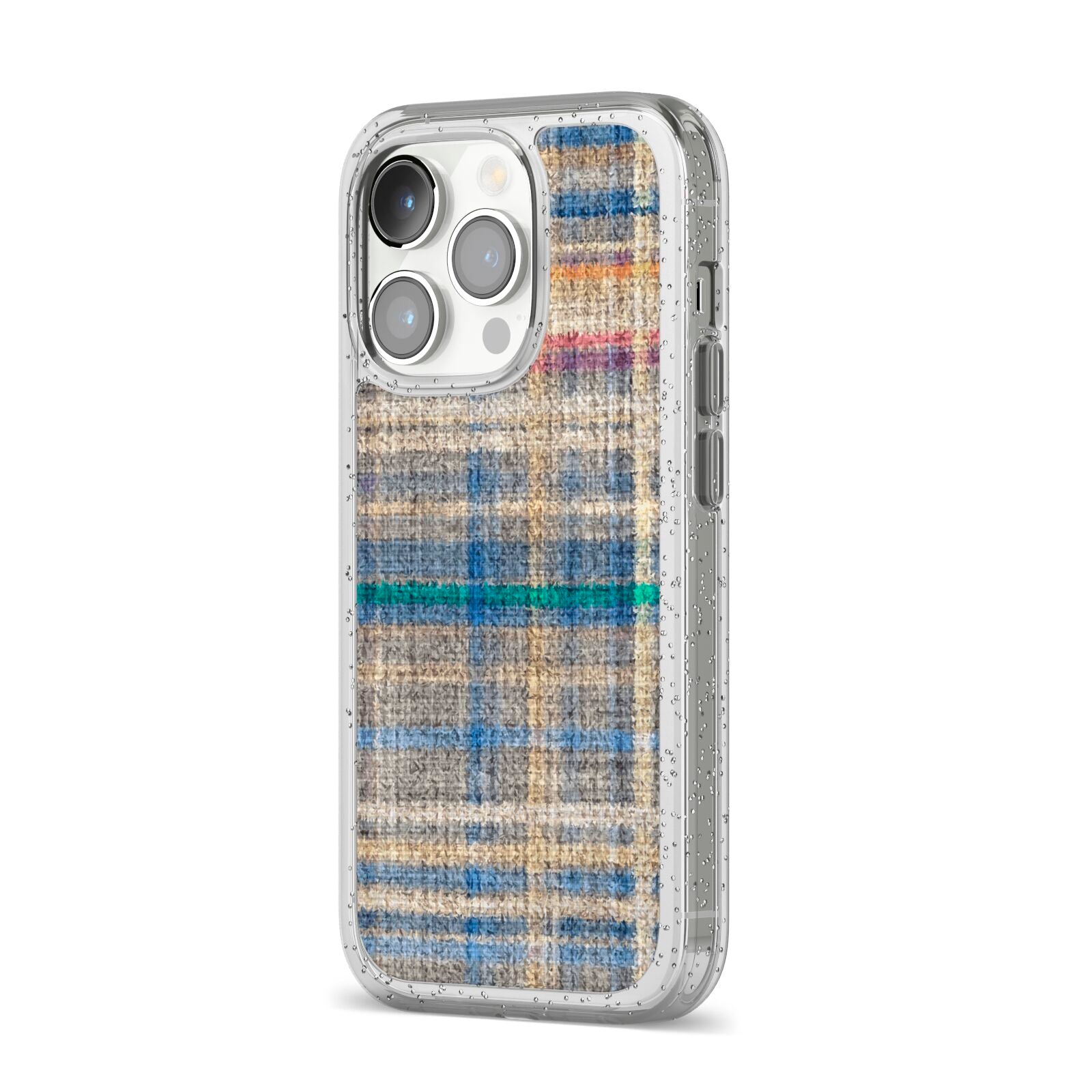 Fabric Plaid iPhone 14 Pro Glitter Tough Case Silver Angled Image