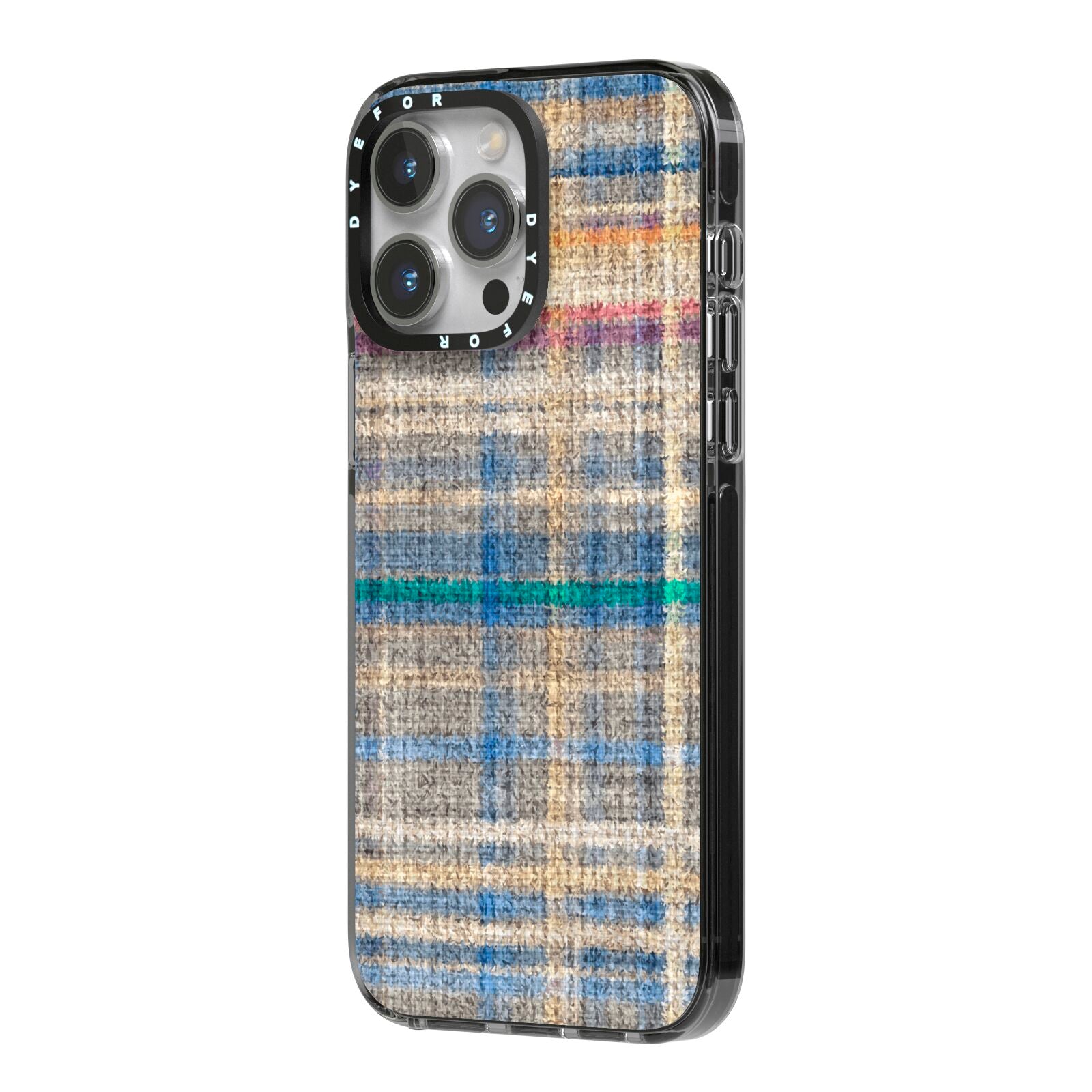 Fabric Plaid iPhone 14 Pro Max Black Impact Case Side Angle on Silver phone