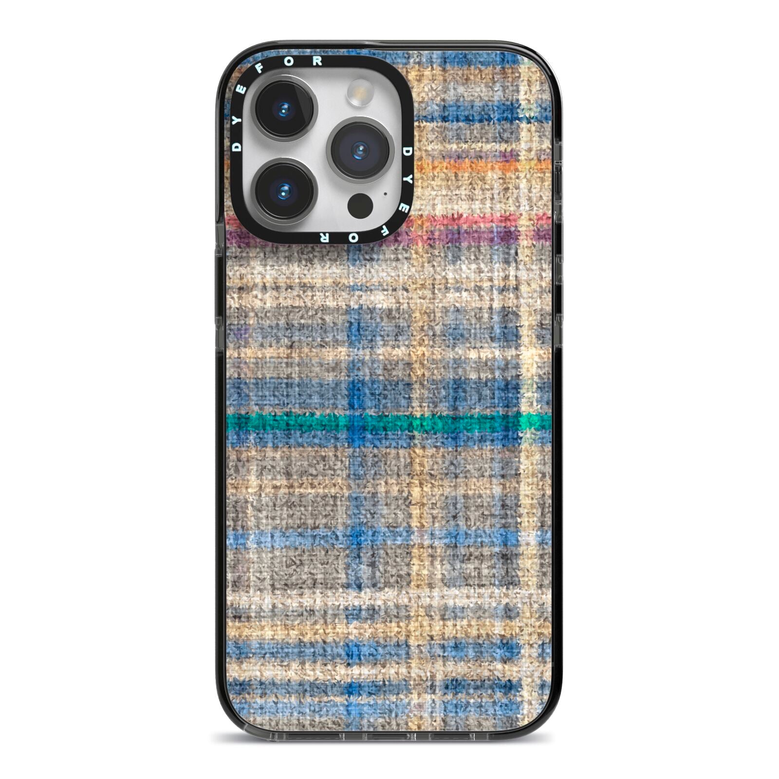 Fabric Plaid iPhone 14 Pro Max Black Impact Case on Silver phone