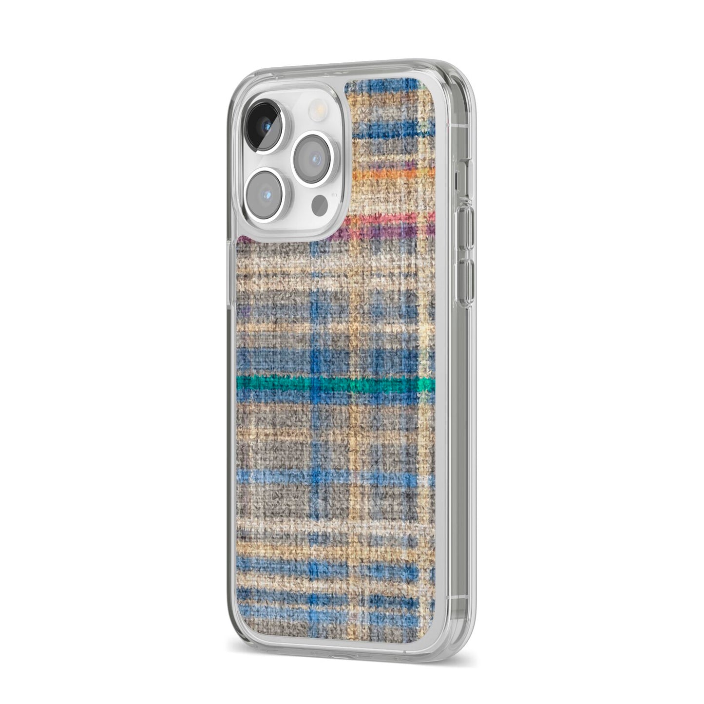 Fabric Plaid iPhone 14 Pro Max Clear Tough Case Silver Angled Image