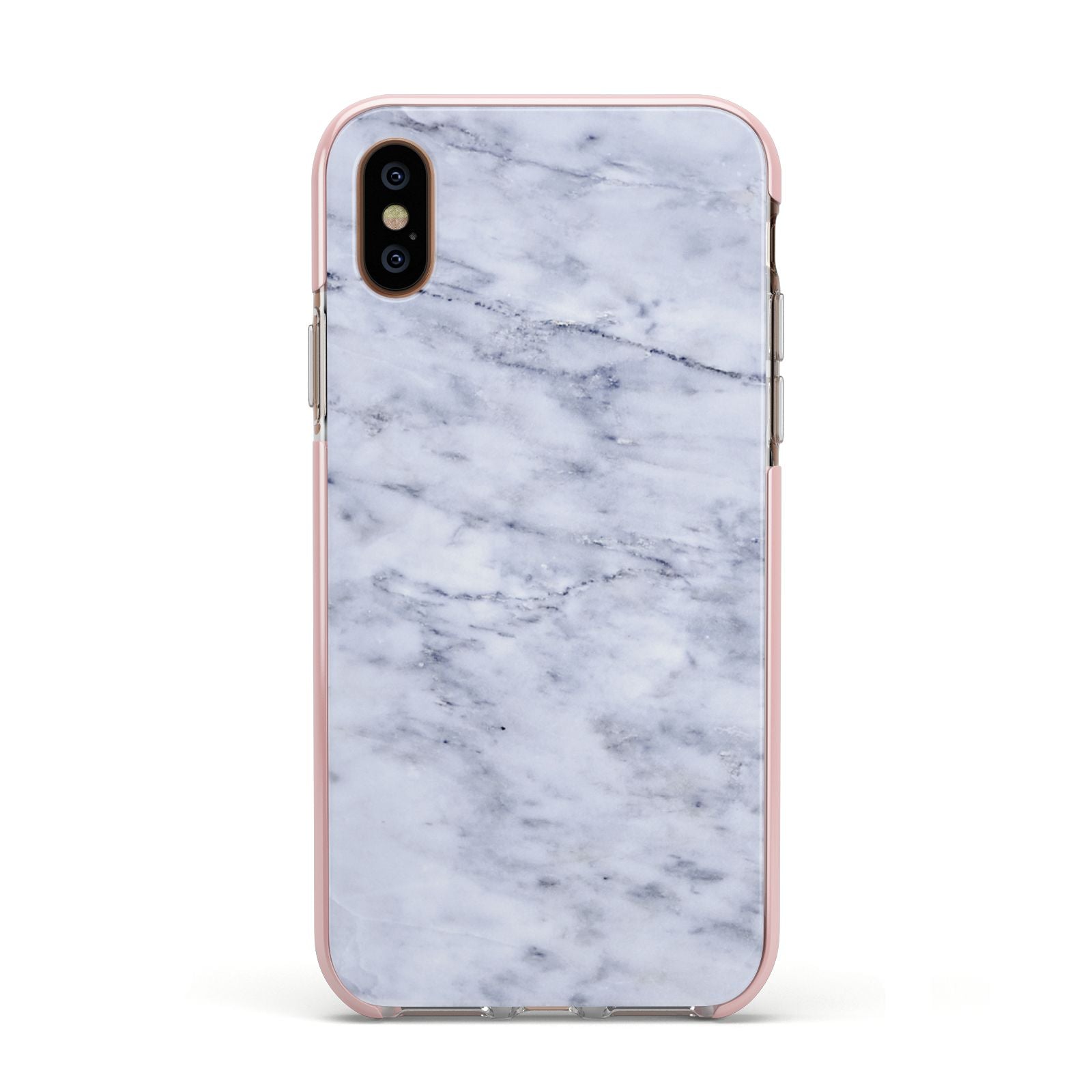 Faux Carrara Marble Print Apple iPhone Xs Impact Case Pink Edge on Gold Phone