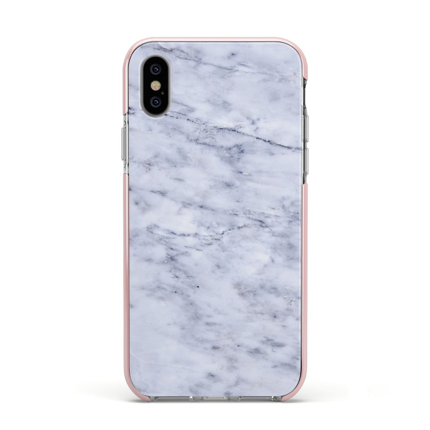 Faux Carrara Marble Print Apple iPhone Xs Impact Case Pink Edge on Silver Phone