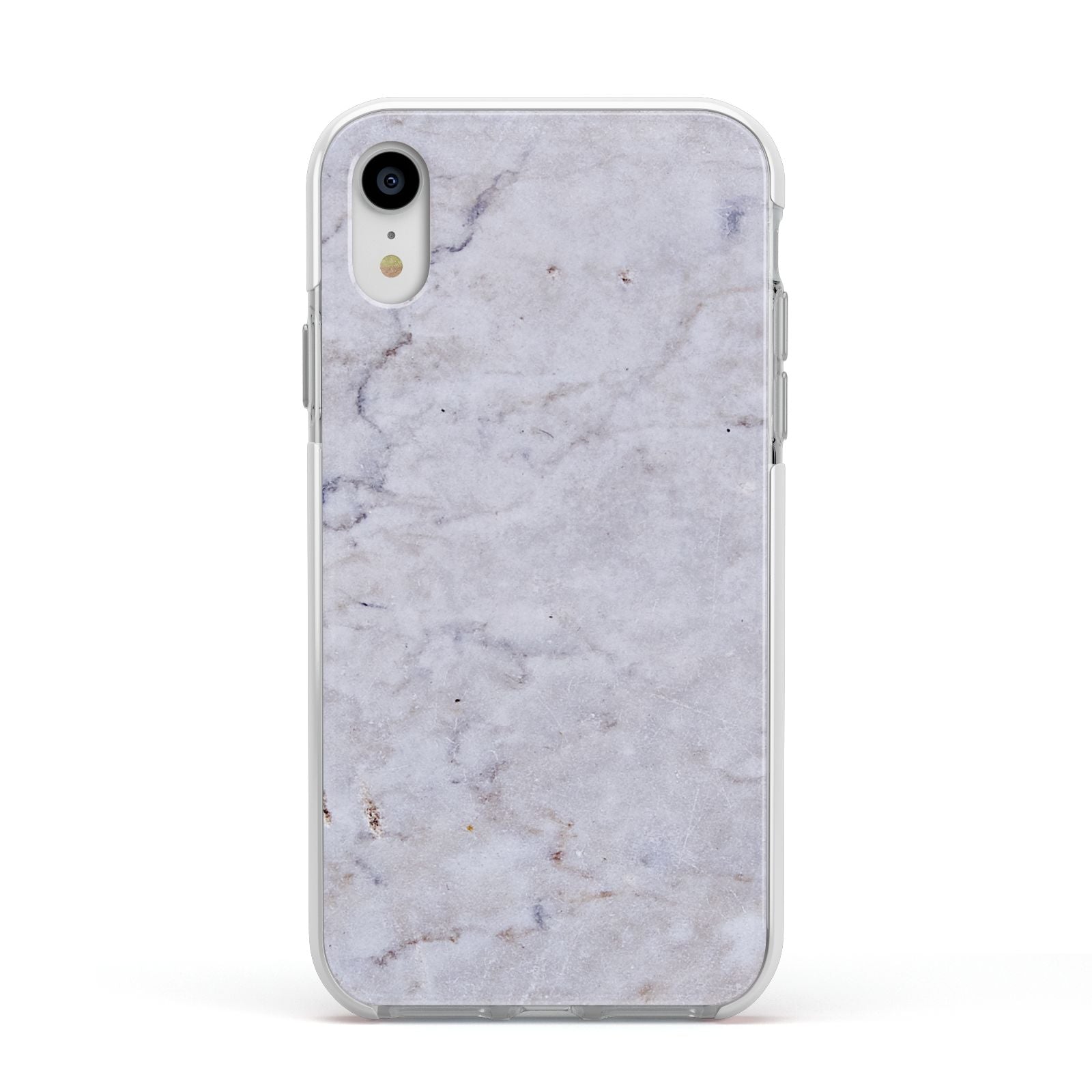 Faux Carrara Marble Print Grey Apple iPhone XR Impact Case White Edge on Silver Phone