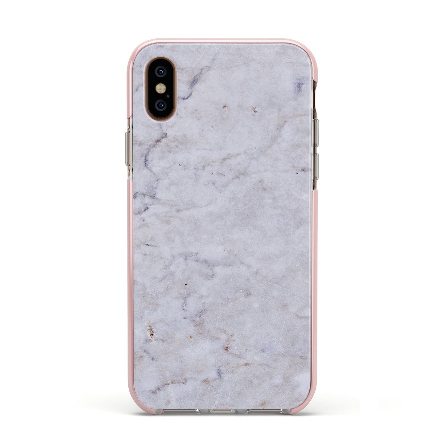 Faux Carrara Marble Print Grey Apple iPhone Xs Impact Case Pink Edge on Gold Phone