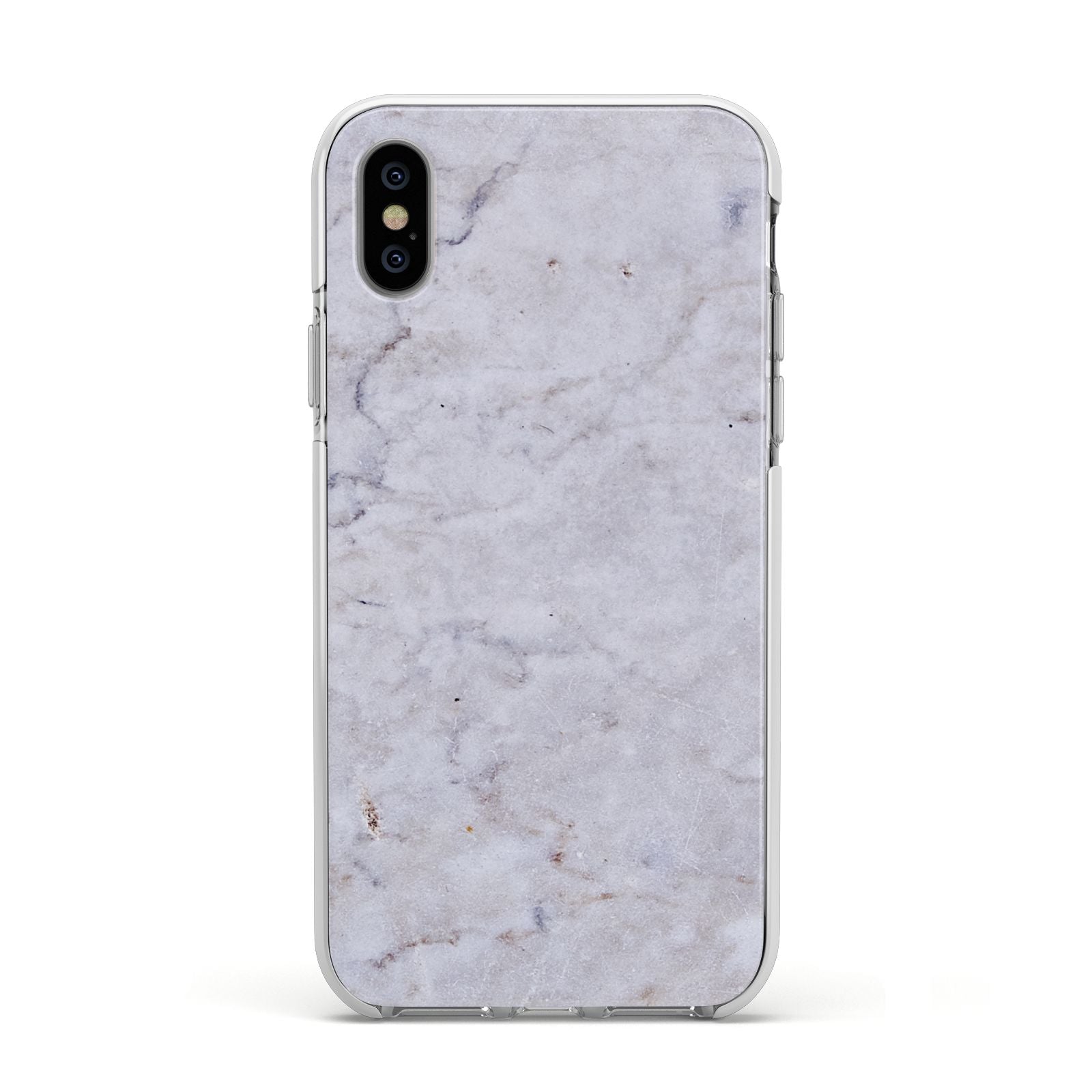 Faux Carrara Marble Print Grey Apple iPhone Xs Impact Case White Edge on Silver Phone