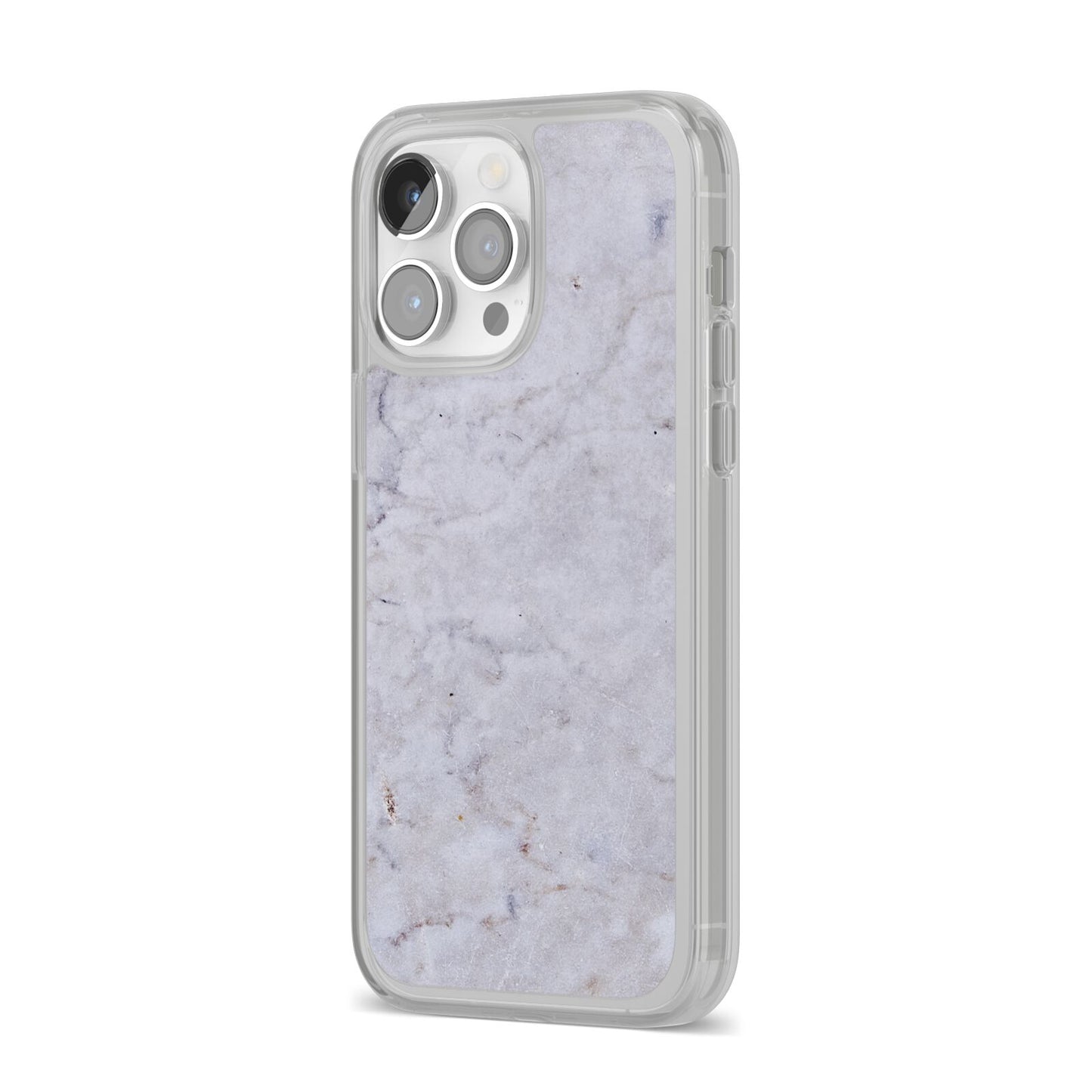 Faux Carrara Marble Print Grey iPhone 14 Pro Max Clear Tough Case Silver Angled Image