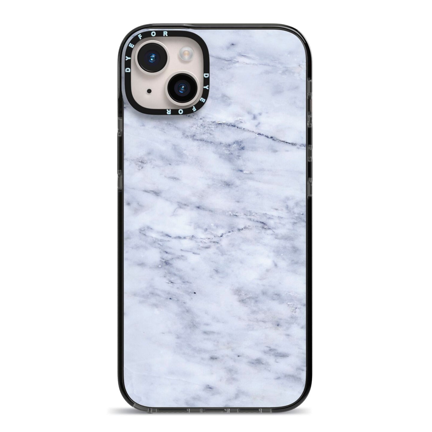 Faux Carrara Marble Print iPhone 14 Plus Black Impact Case on Silver phone