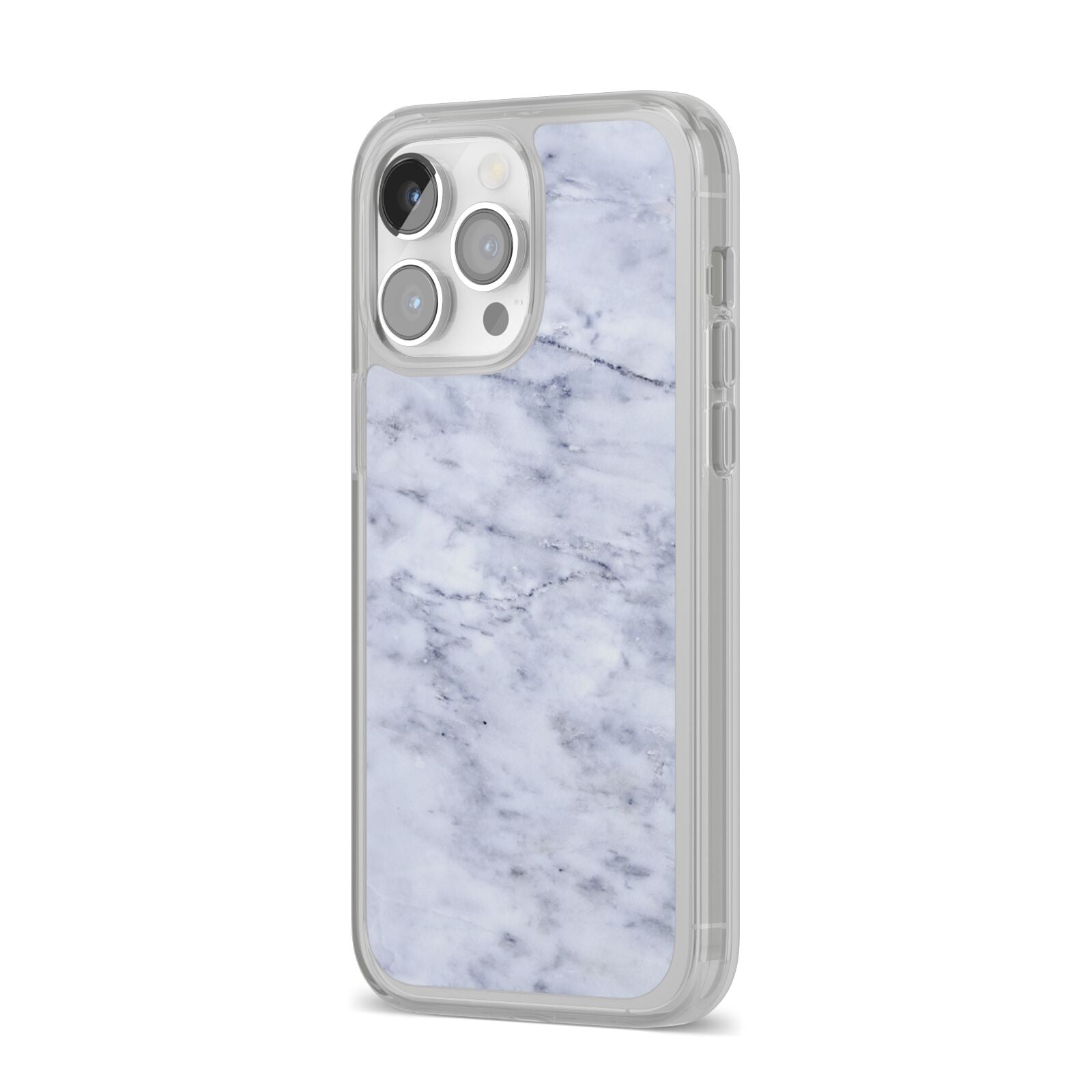 Faux Carrara Marble Print iPhone 14 Pro Max Clear Tough Case Silver Angled Image