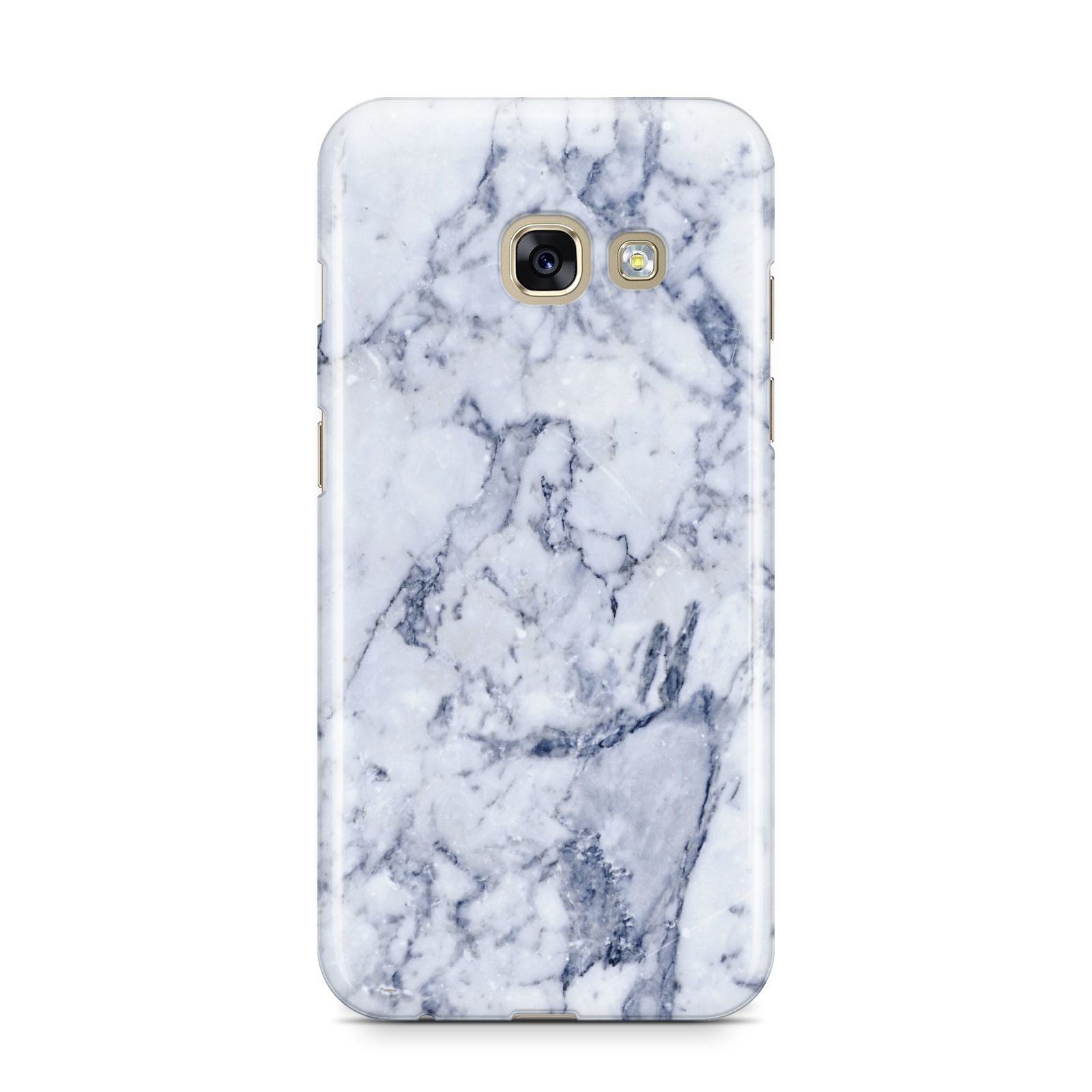 Faux Marble Blue Grey White Samsung Galaxy A3 2017 Case on gold phone