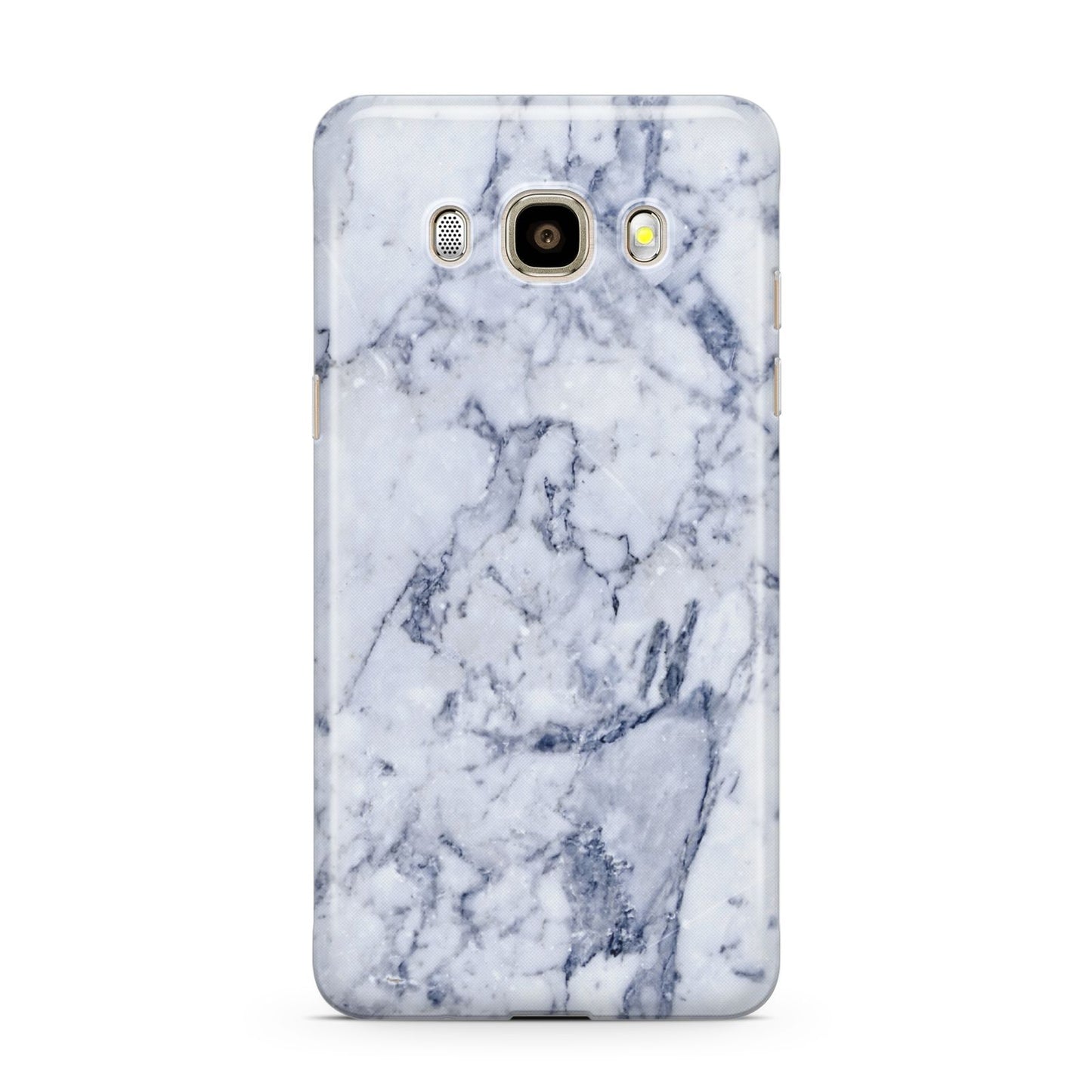 Faux Marble Blue Grey White Samsung Galaxy J7 2016 Case on gold phone