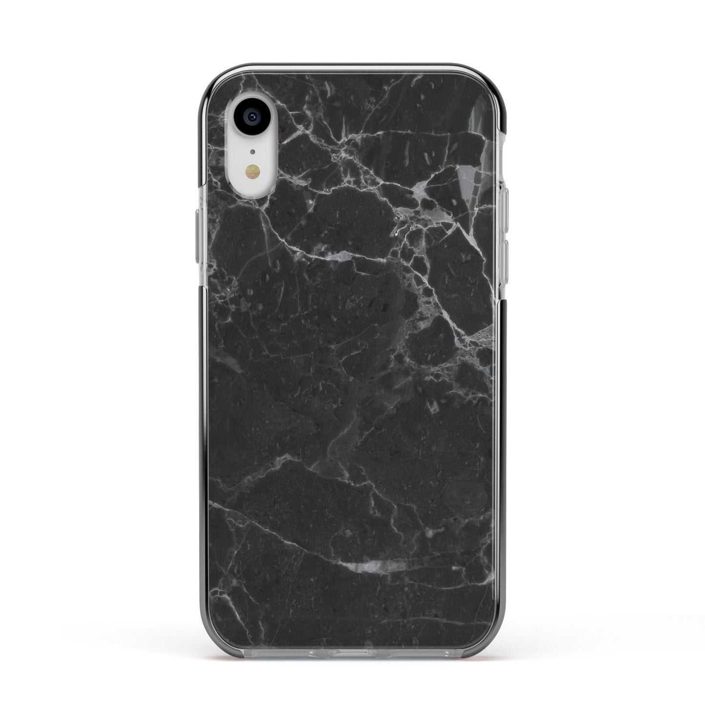 Faux Marble Effect Black Apple iPhone XR Impact Case Black Edge on Silver Phone