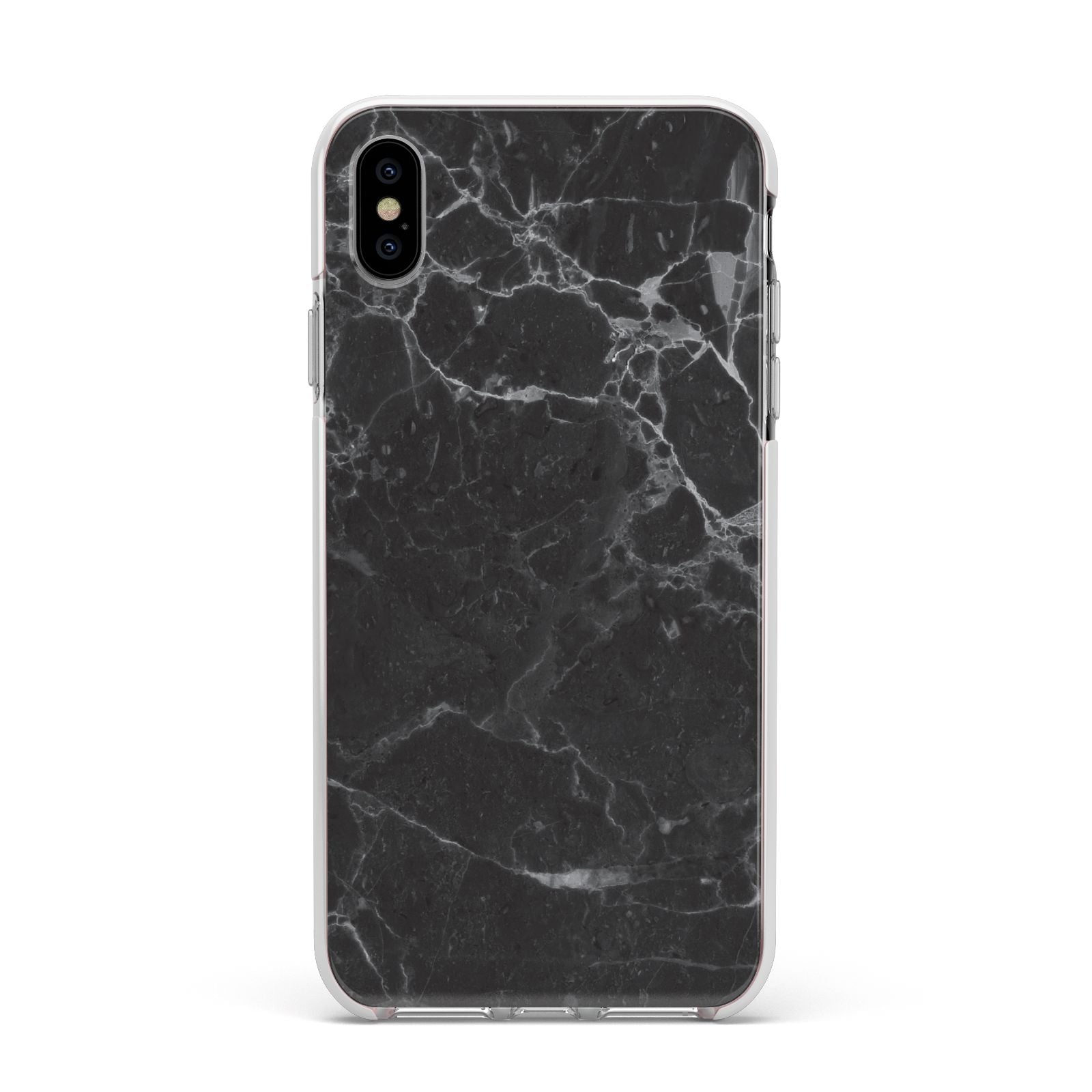 Faux Marble Effect Black Apple iPhone Xs Max Impact Case White Edge on Silver Phone