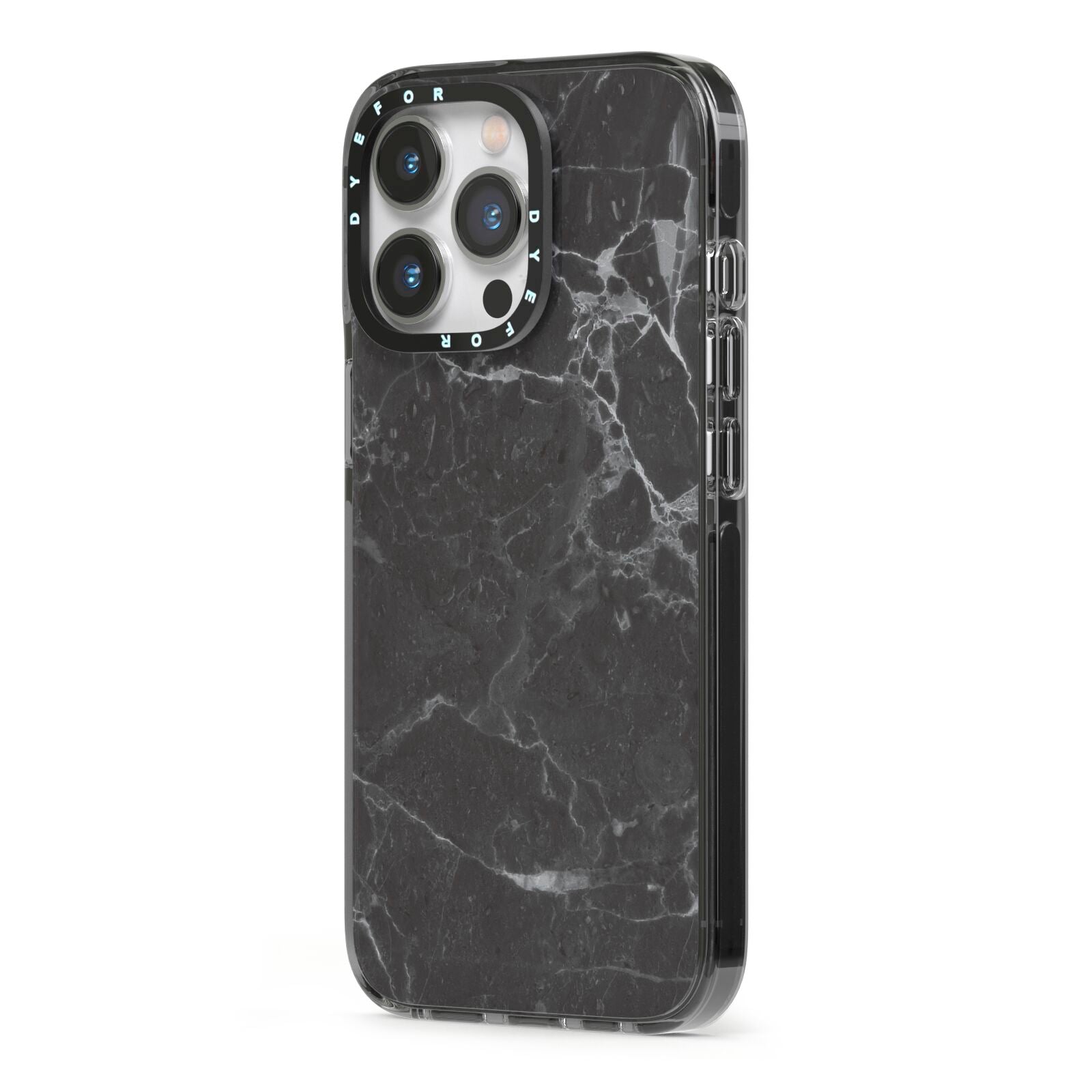 Faux Marble Effect Black iPhone 13 Pro Black Impact Case Side Angle on Silver phone