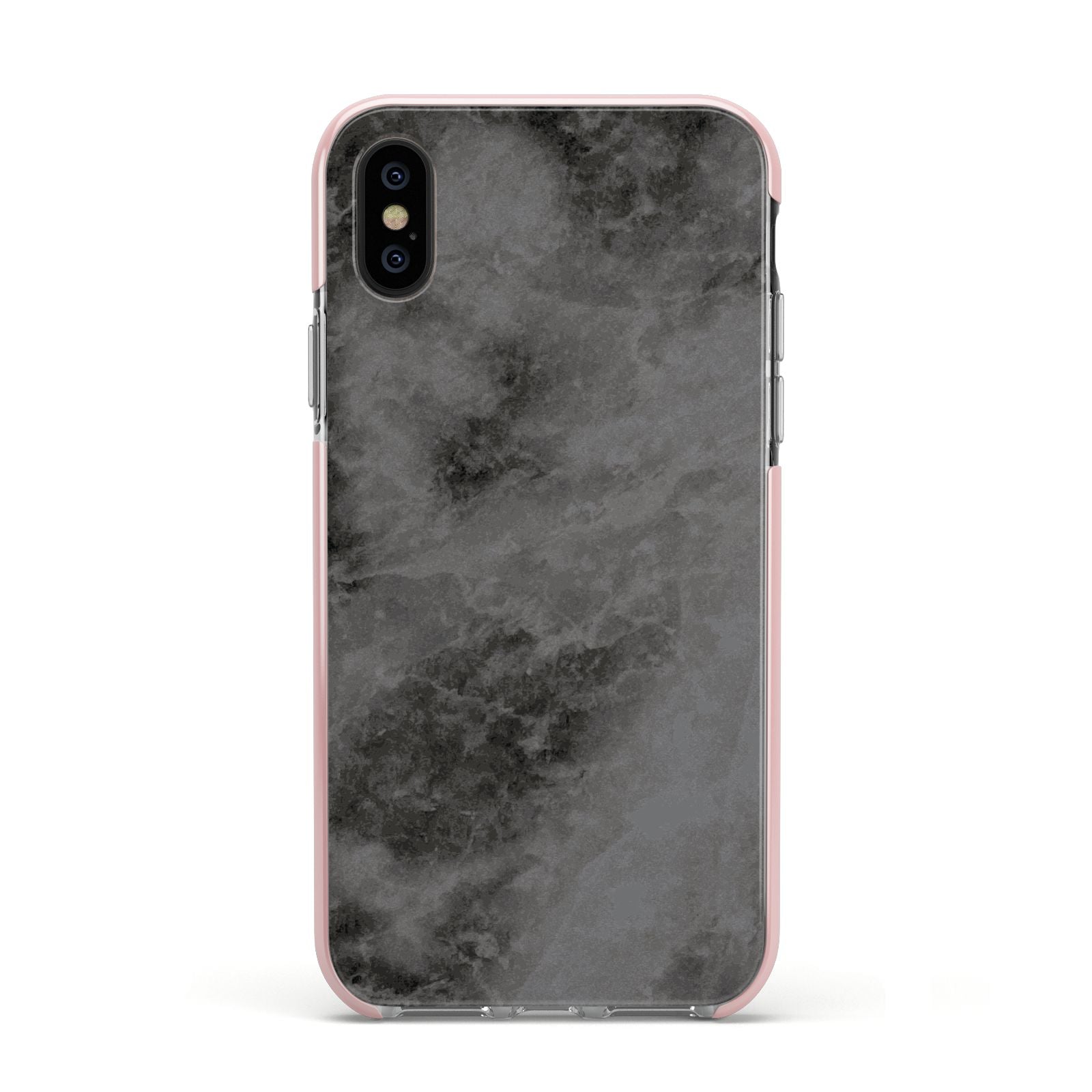 Faux Marble Grey Black Apple iPhone Xs Impact Case Pink Edge on Black Phone