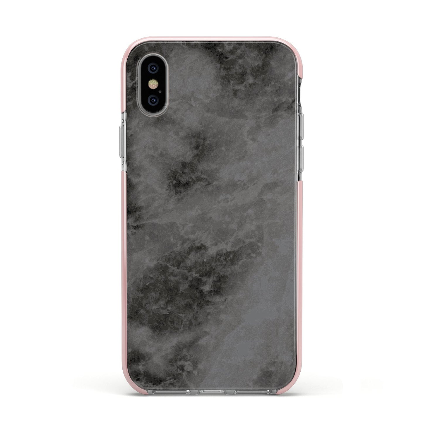 Faux Marble Grey Black Apple iPhone Xs Impact Case Pink Edge on Silver Phone