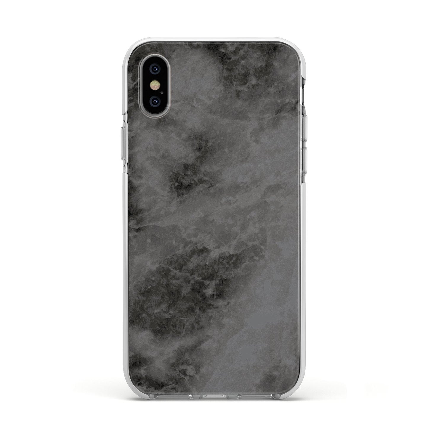 Faux Marble Grey Black Apple iPhone Xs Impact Case White Edge on Silver Phone