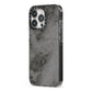 Faux Marble Grey Black iPhone 13 Pro Black Impact Case Side Angle on Silver phone