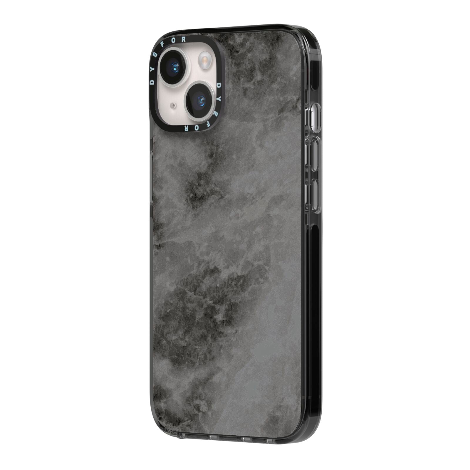 Faux Marble Grey Black iPhone 14 Black Impact Case Side Angle on Silver phone