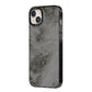 Faux Marble Grey Black iPhone 14 Plus Black Impact Case Side Angle on Silver phone