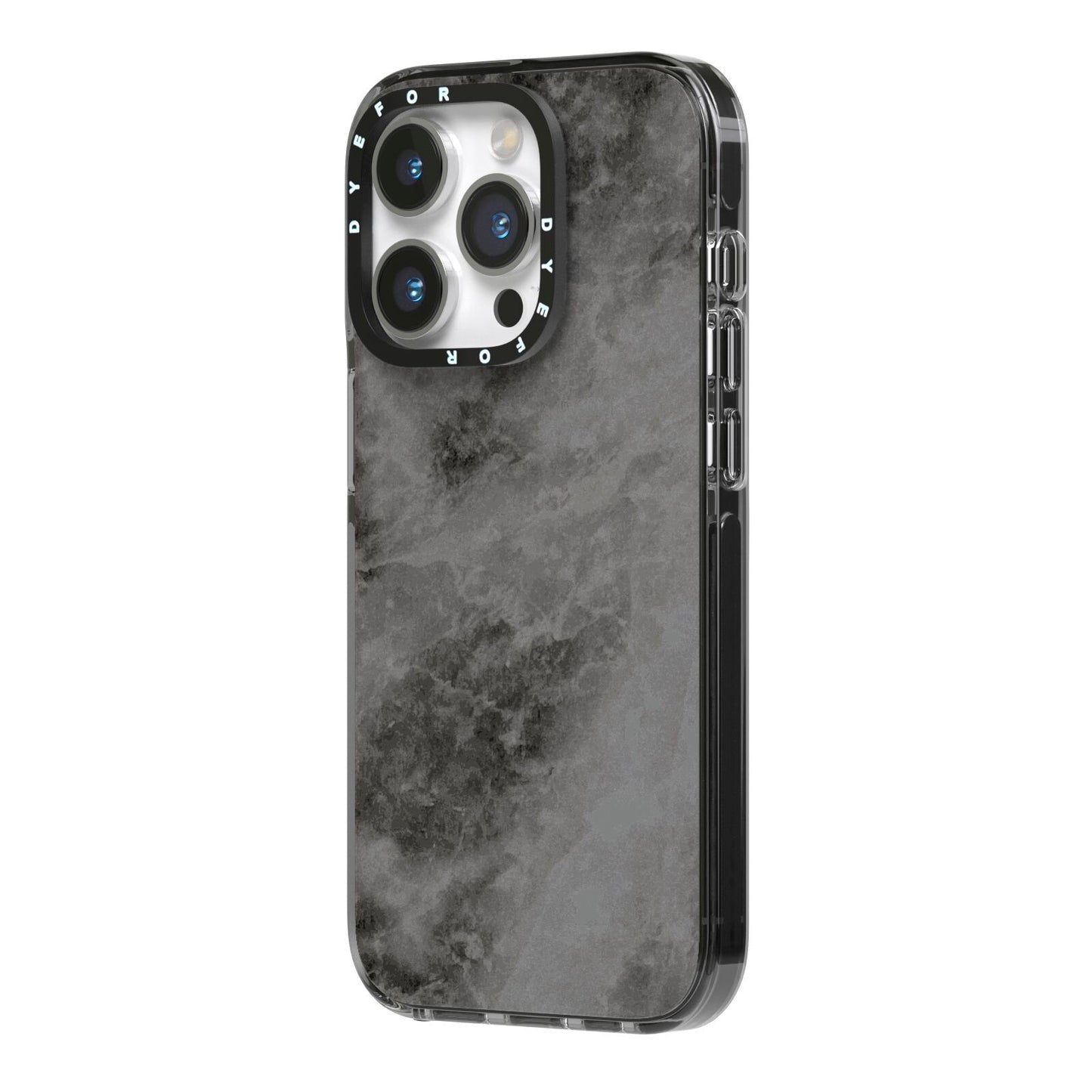 Faux Marble Grey Black iPhone 14 Pro Black Impact Case Side Angle on Silver phone