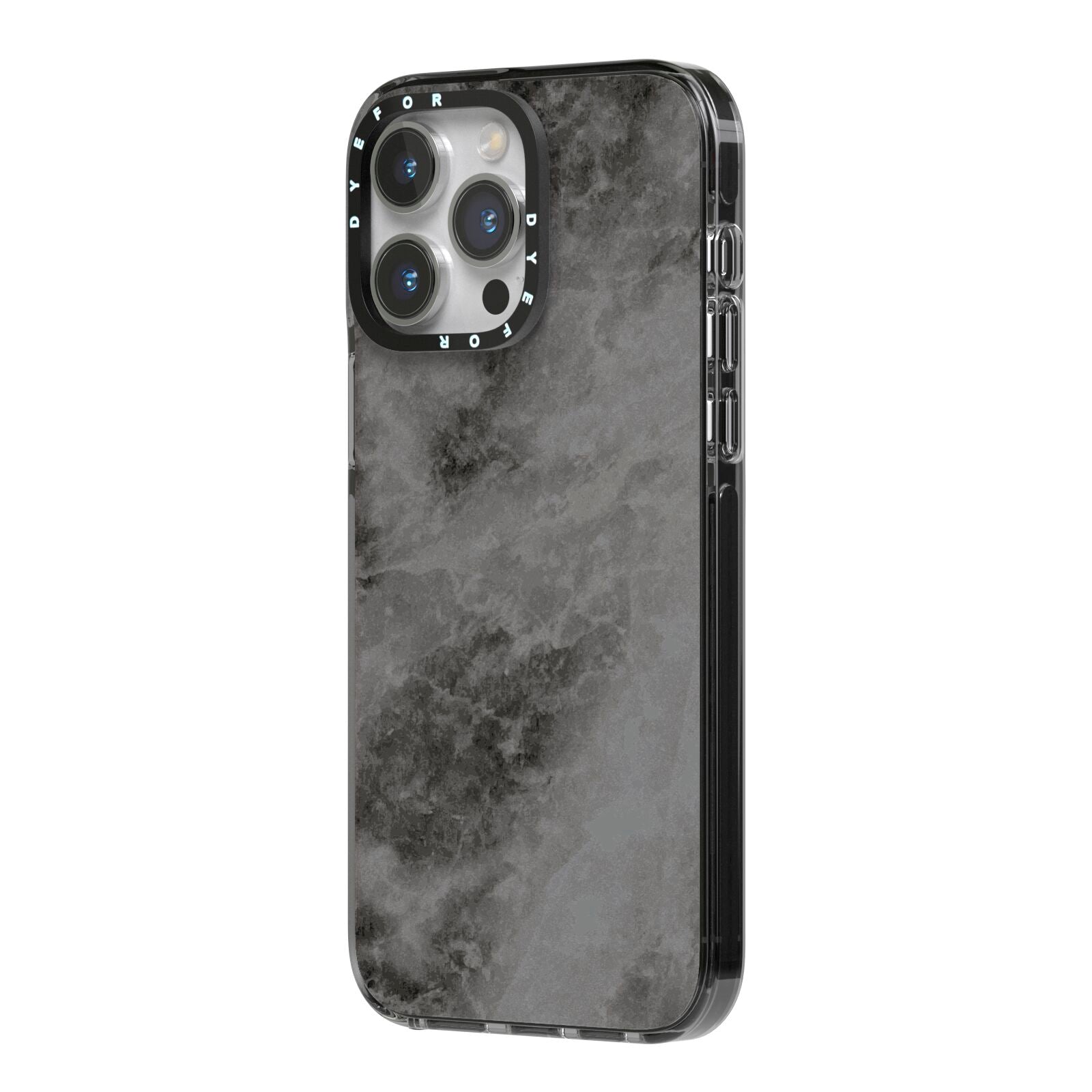 Faux Marble Grey Black iPhone 14 Pro Max Black Impact Case Side Angle on Silver phone