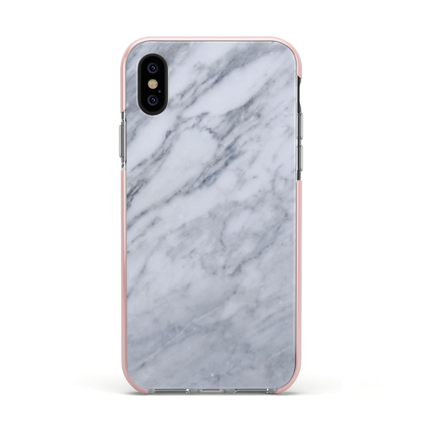 Faux Marble Italian Grey Apple iPhone Xs Impact Case Pink Edge on Black Phone