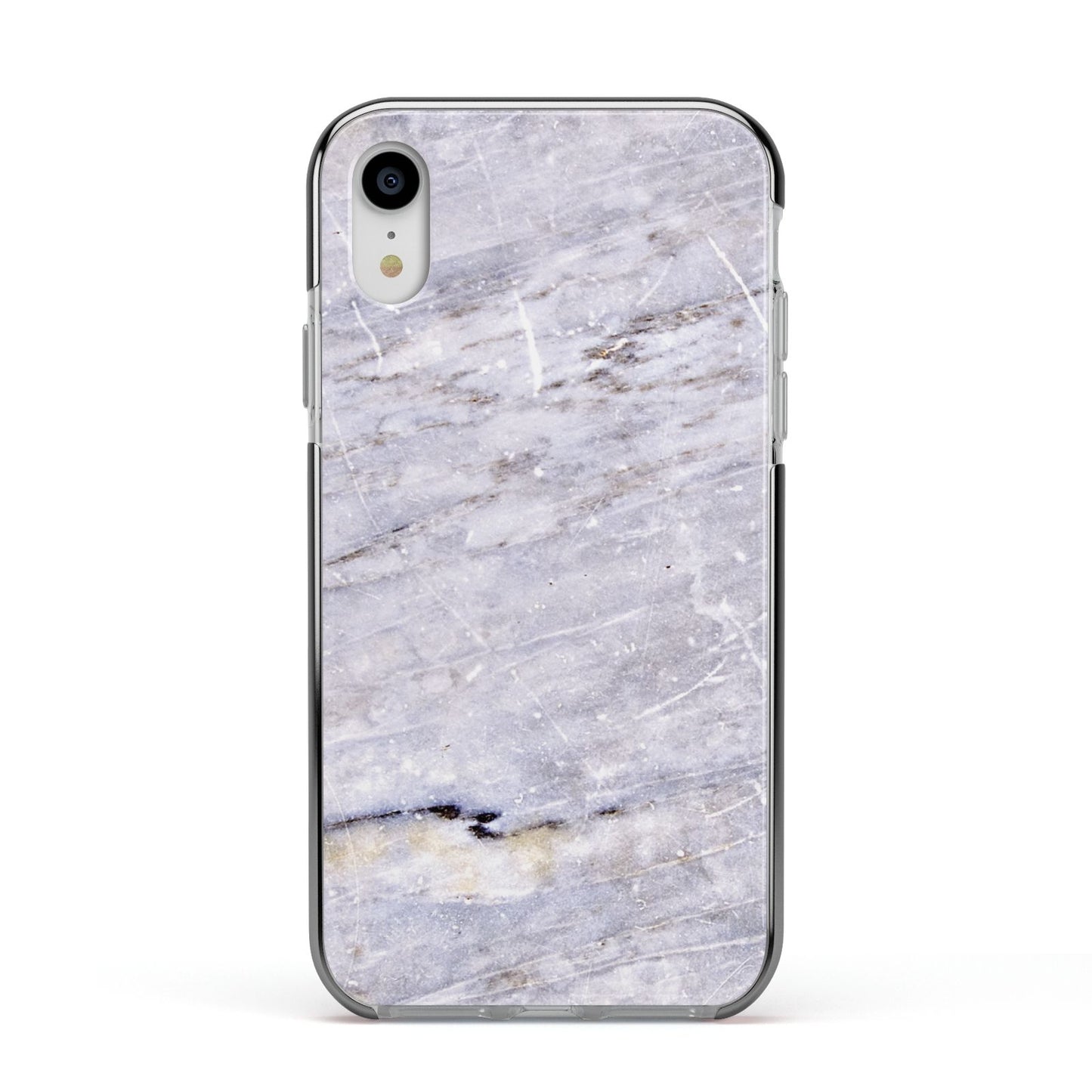 Faux Marble Mid Grey Apple iPhone XR Impact Case Black Edge on Silver Phone