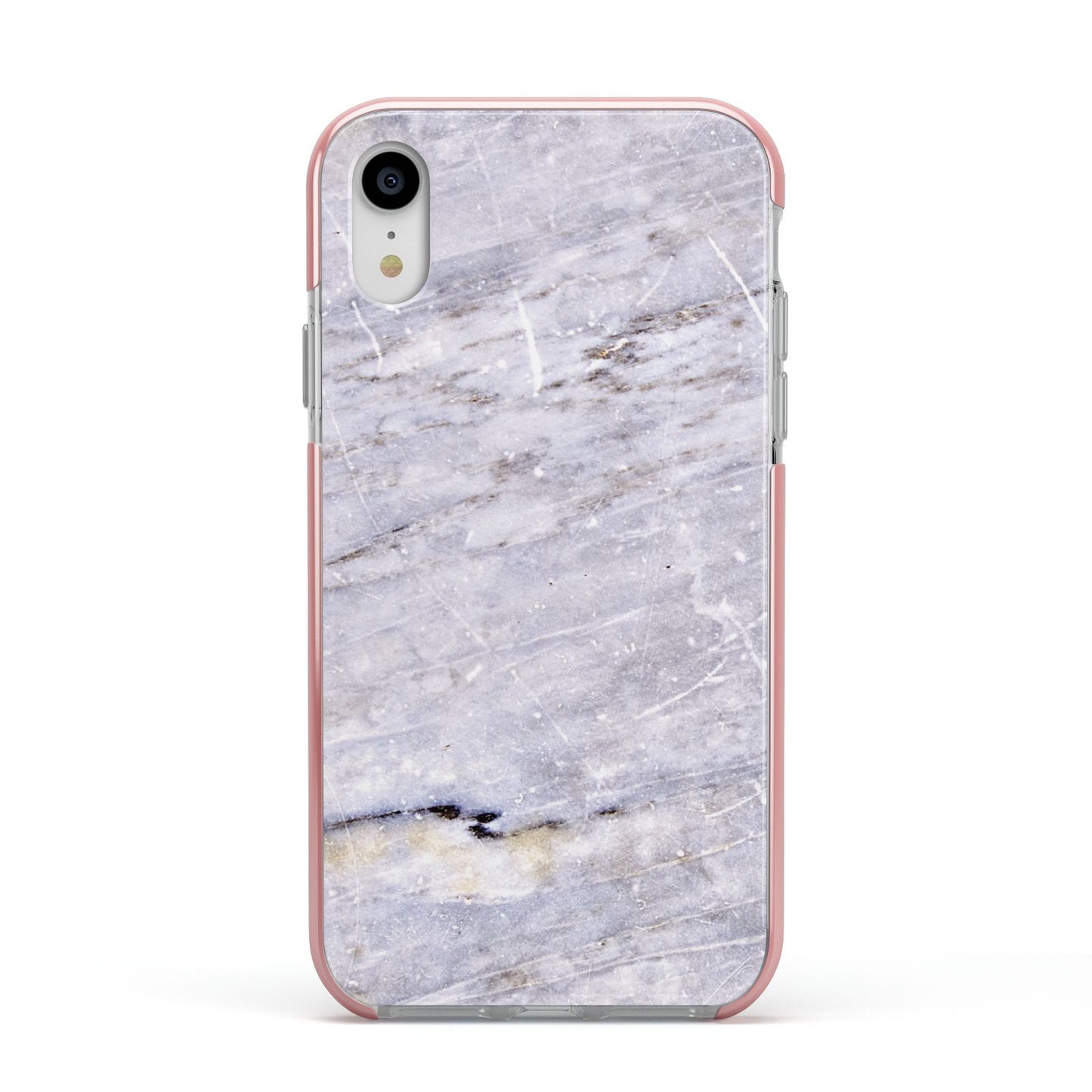 Faux Marble Mid Grey Apple iPhone XR Impact Case Pink Edge on Silver Phone