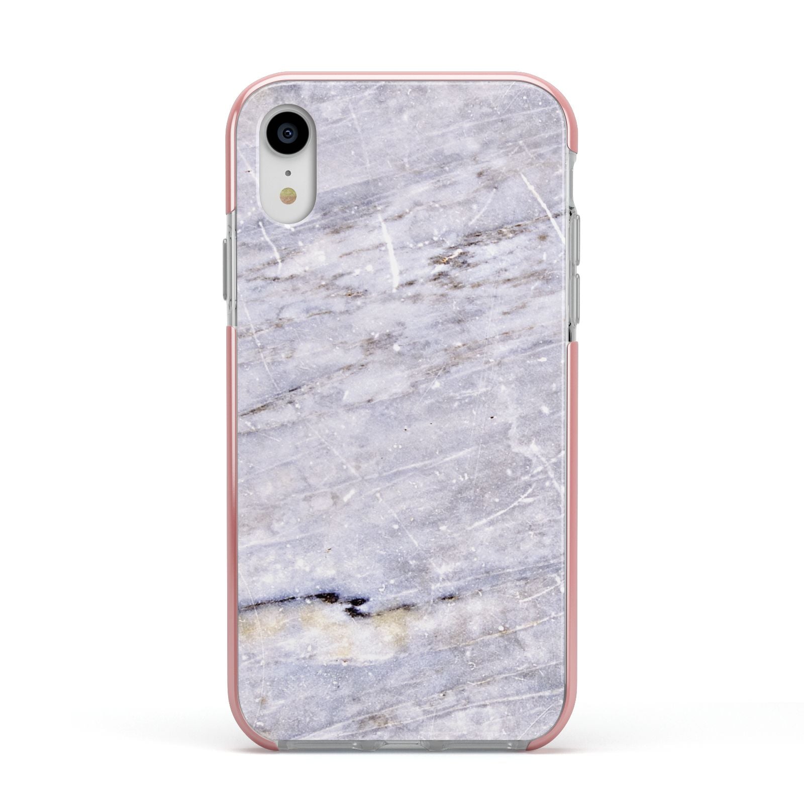 Faux Marble Mid Grey Apple iPhone XR Impact Case Pink Edge on Silver Phone