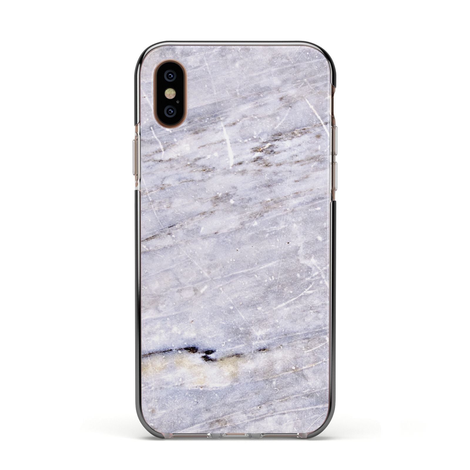 Faux Marble Mid Grey Apple iPhone Xs Impact Case Black Edge on Gold Phone