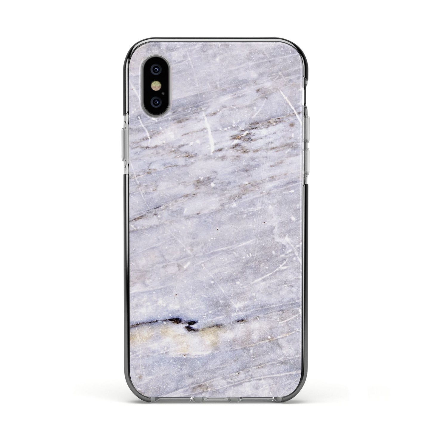 Faux Marble Mid Grey Apple iPhone Xs Impact Case Black Edge on Silver Phone