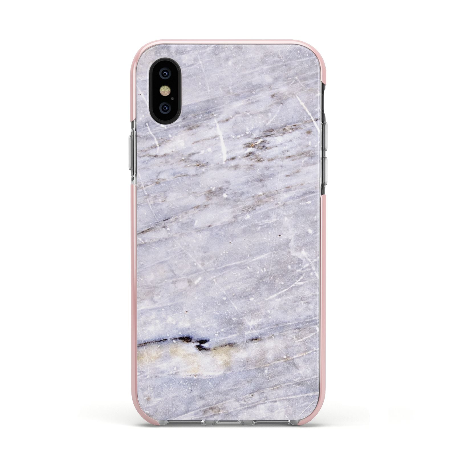 Faux Marble Mid Grey Apple iPhone Xs Impact Case Pink Edge on Black Phone