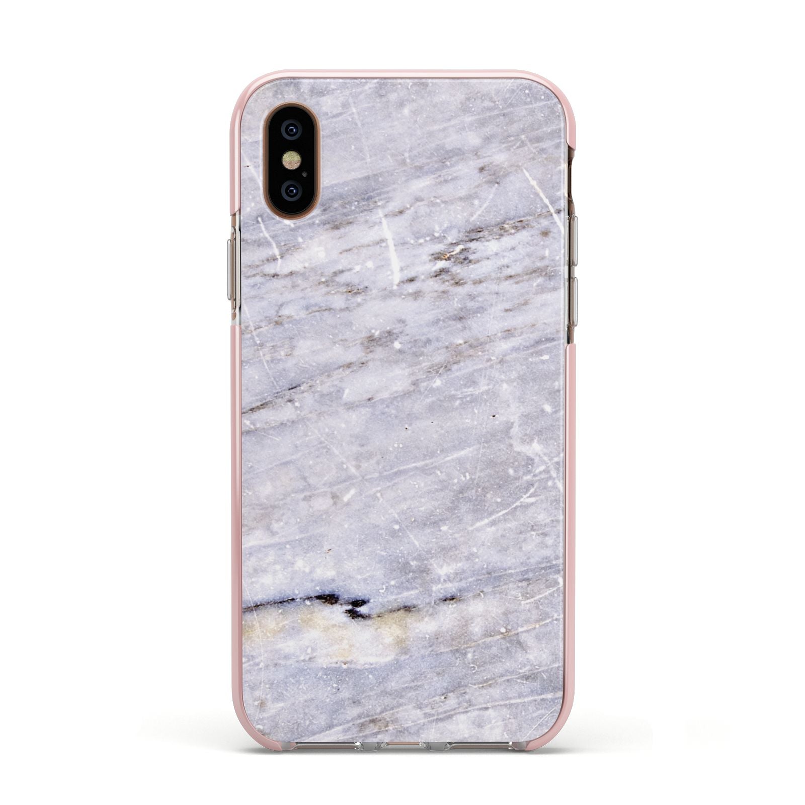 Faux Marble Mid Grey Apple iPhone Xs Impact Case Pink Edge on Gold Phone