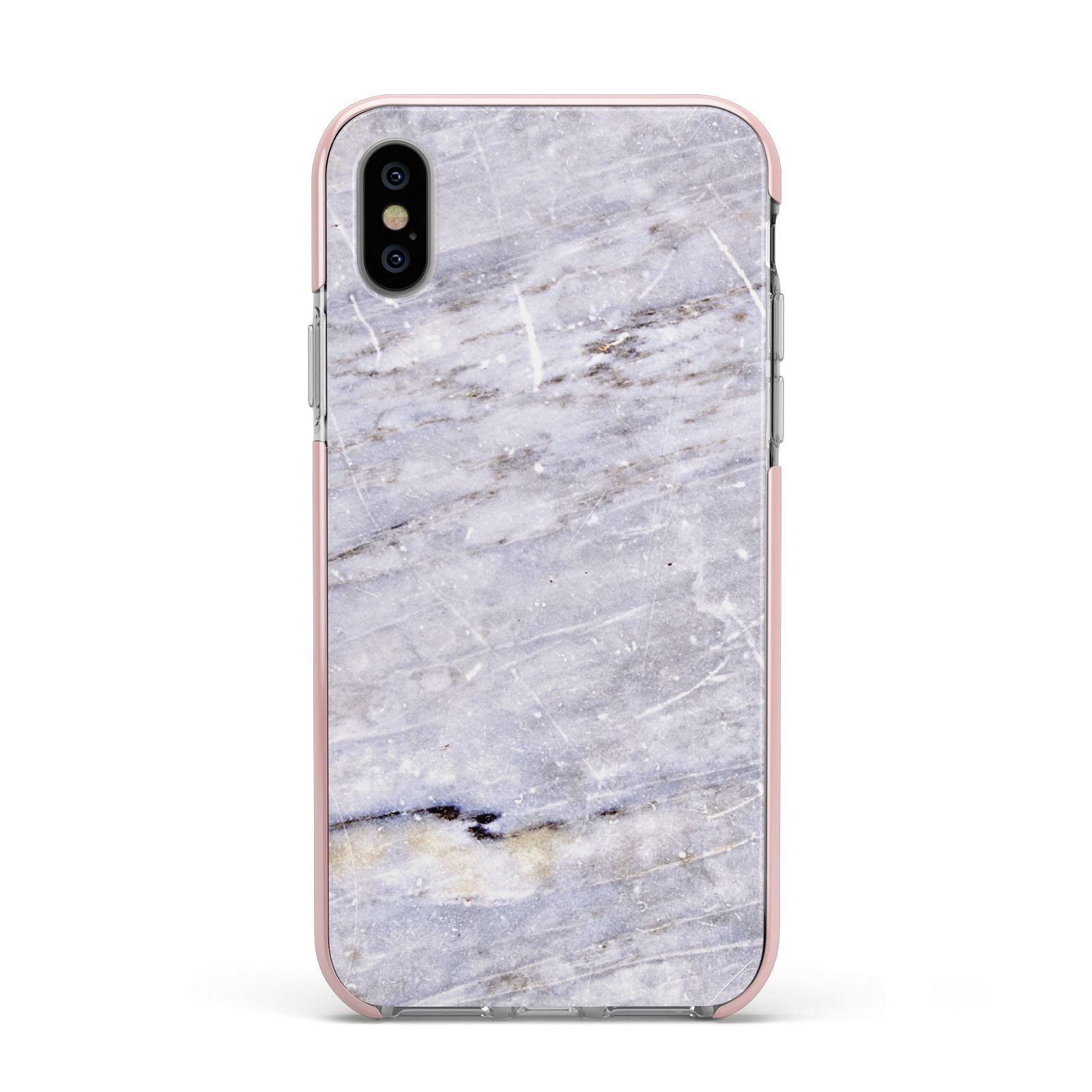 Faux Marble Mid Grey Apple iPhone Xs Impact Case Pink Edge on Silver Phone