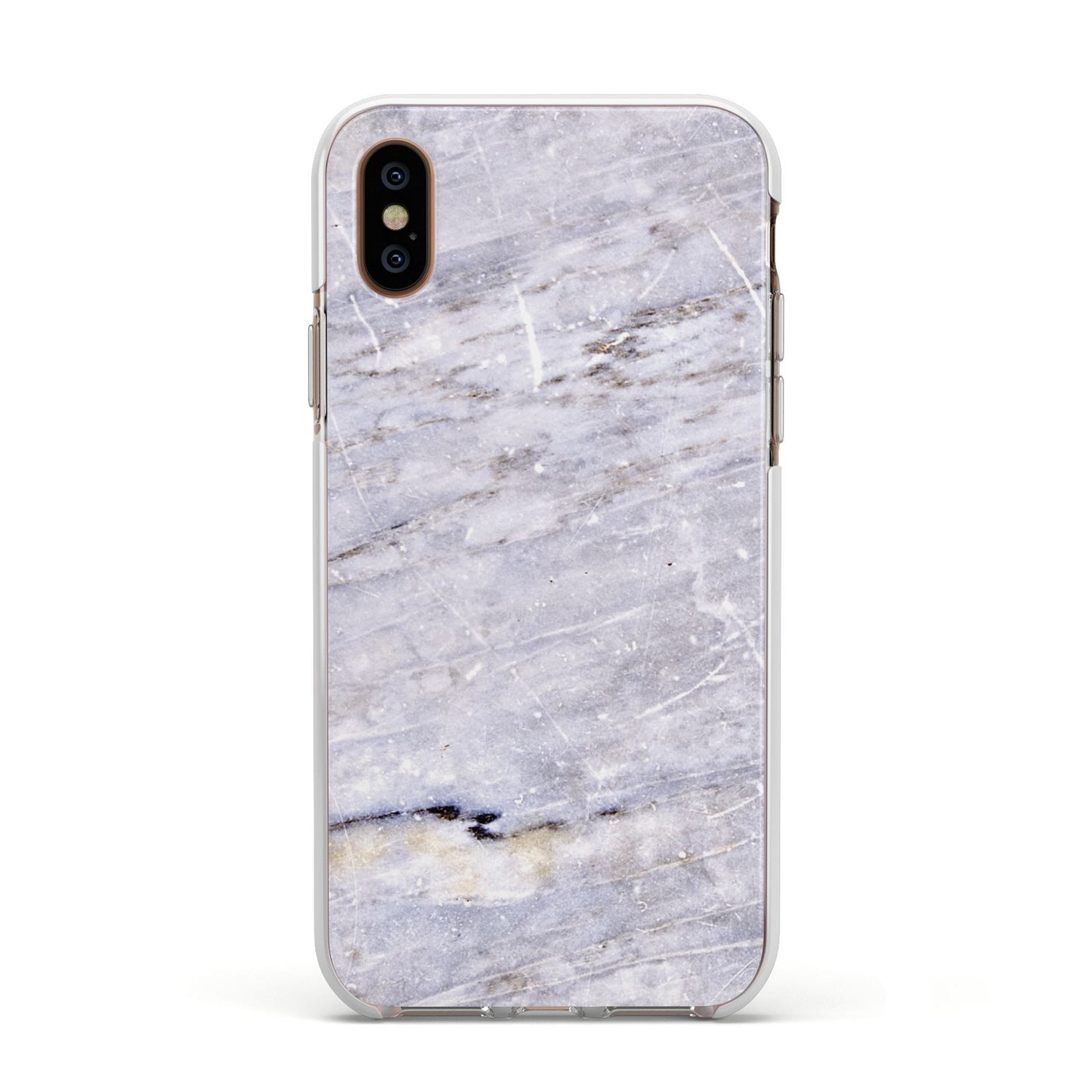 Faux Marble Mid Grey Apple iPhone Xs Impact Case White Edge on Gold Phone