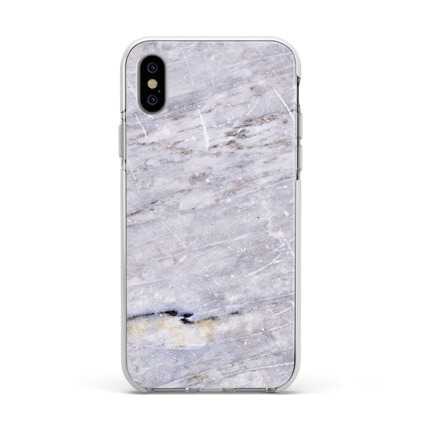 Faux Marble Mid Grey Apple iPhone Xs Impact Case White Edge on Silver Phone