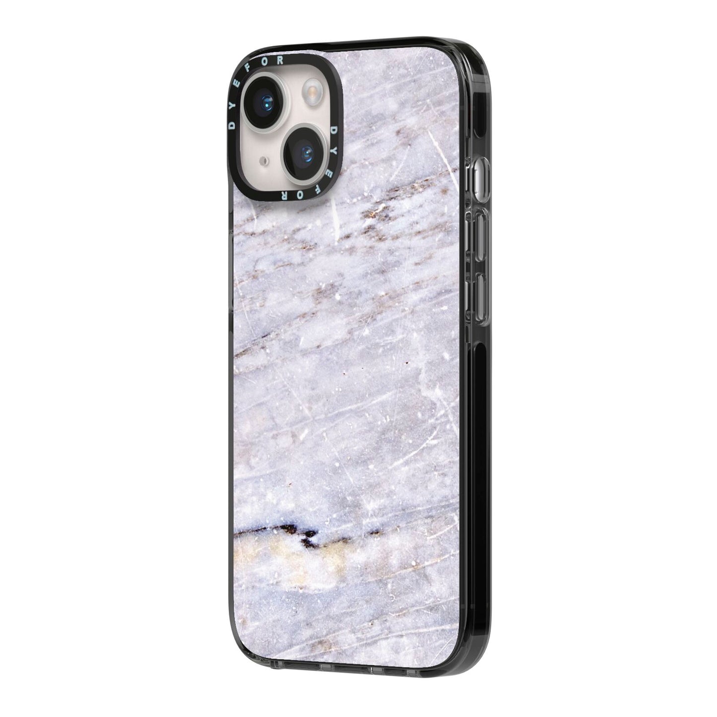 Faux Marble Mid Grey iPhone 14 Black Impact Case Side Angle on Silver phone