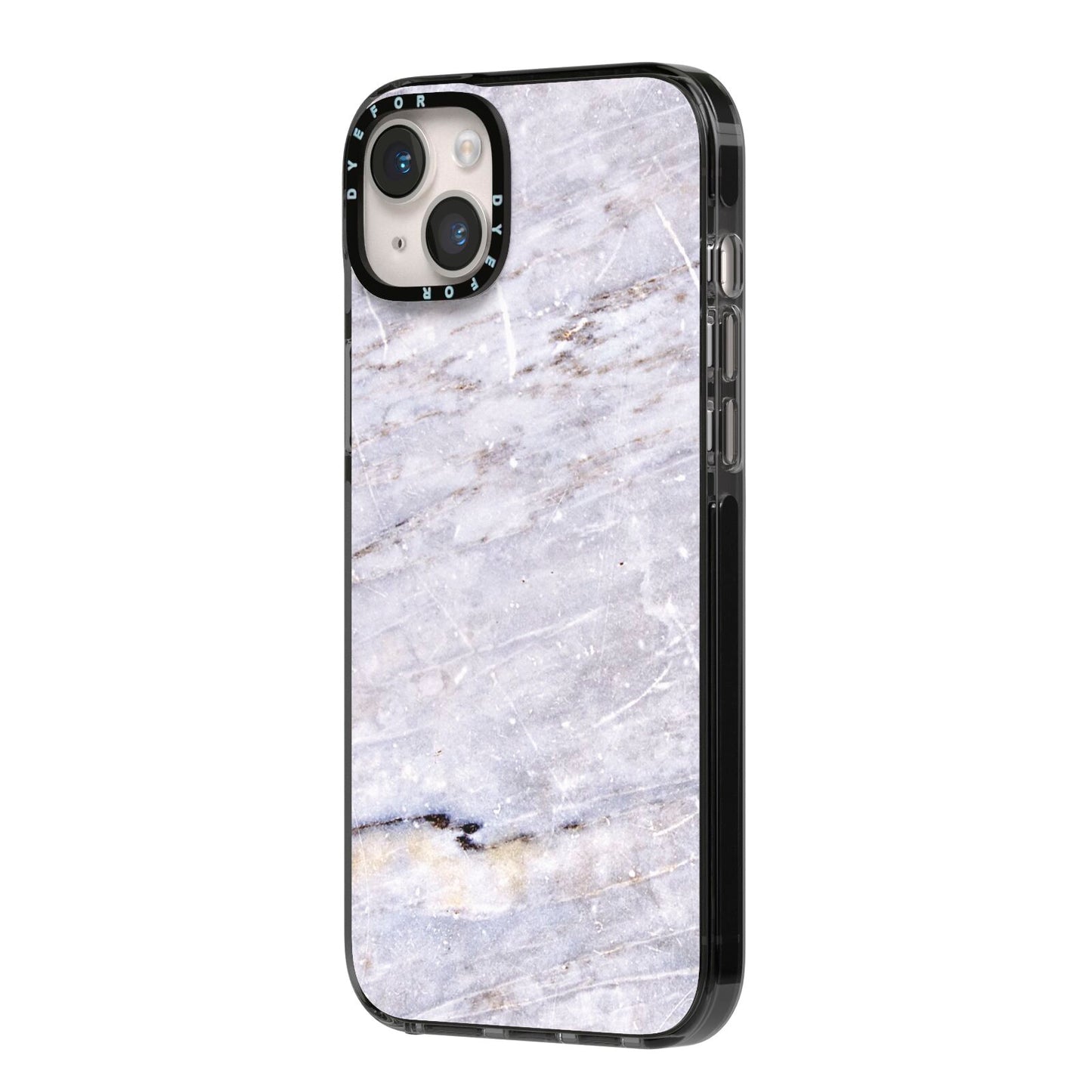 Faux Marble Mid Grey iPhone 14 Plus Black Impact Case Side Angle on Silver phone