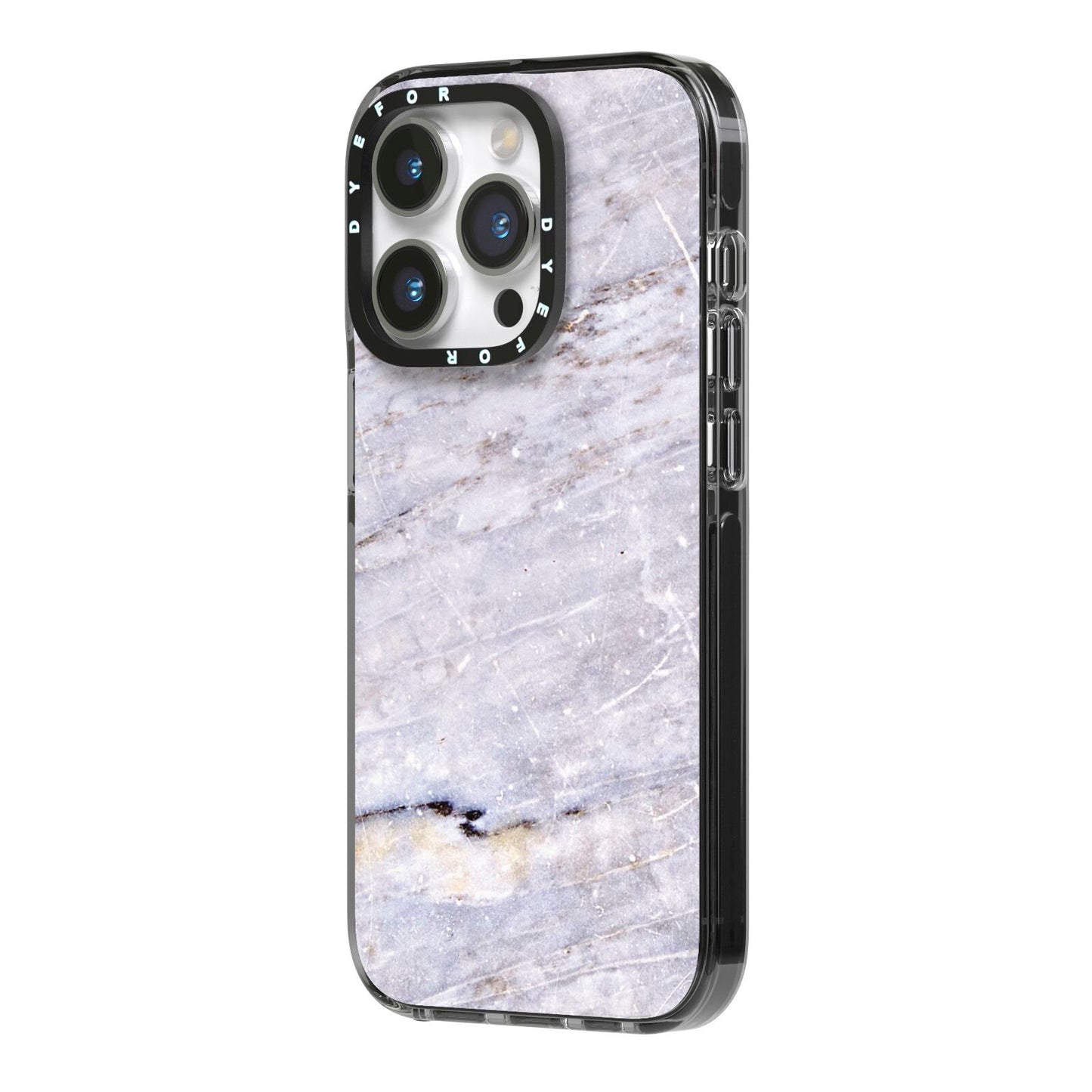 Faux Marble Mid Grey iPhone 14 Pro Black Impact Case Side Angle on Silver phone