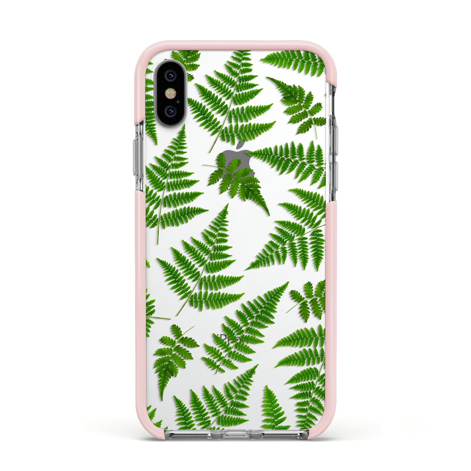 Fern Leaf Apple iPhone Xs Impact Case Pink Edge on Silver Phone