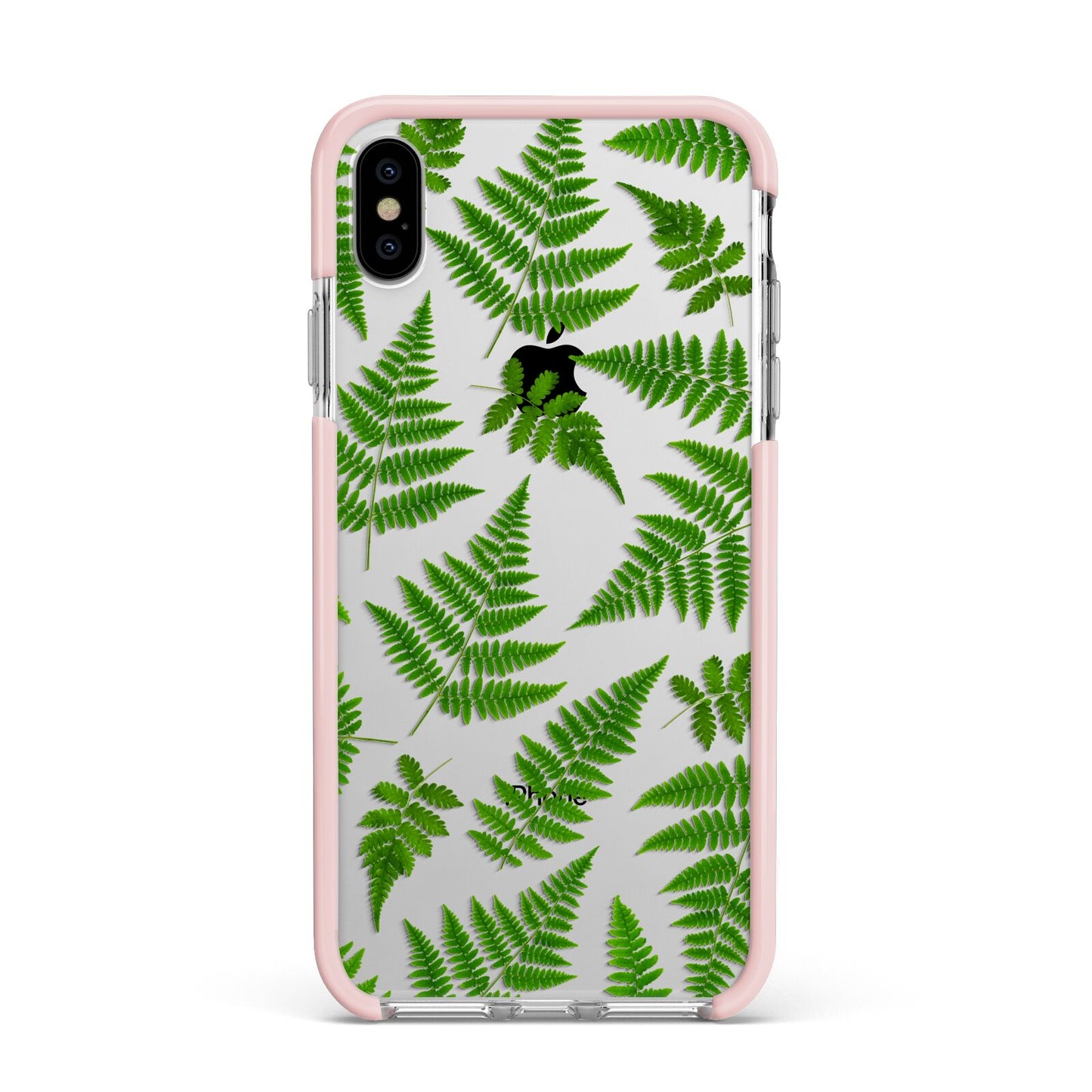 Fern Leaf Apple iPhone Xs Max Impact Case Pink Edge on Silver Phone