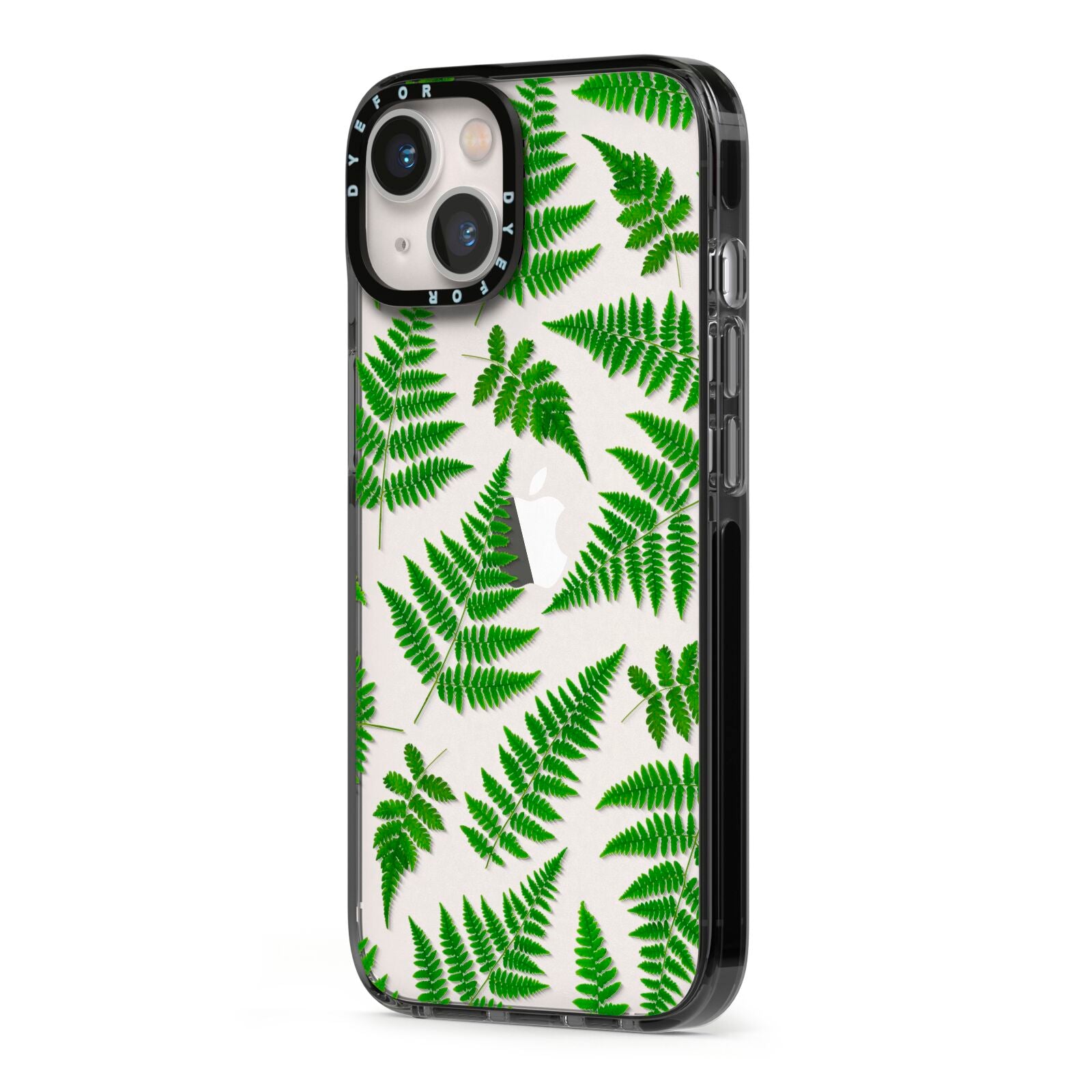 Fern Leaf iPhone 13 Black Impact Case Side Angle on Silver phone