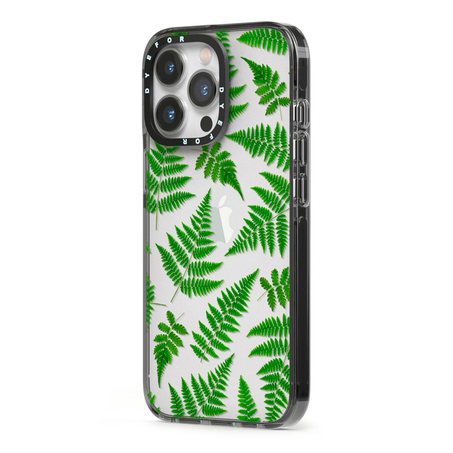 Fern Leaf iPhone 13 Pro Black Impact Case Side Angle on Silver phone