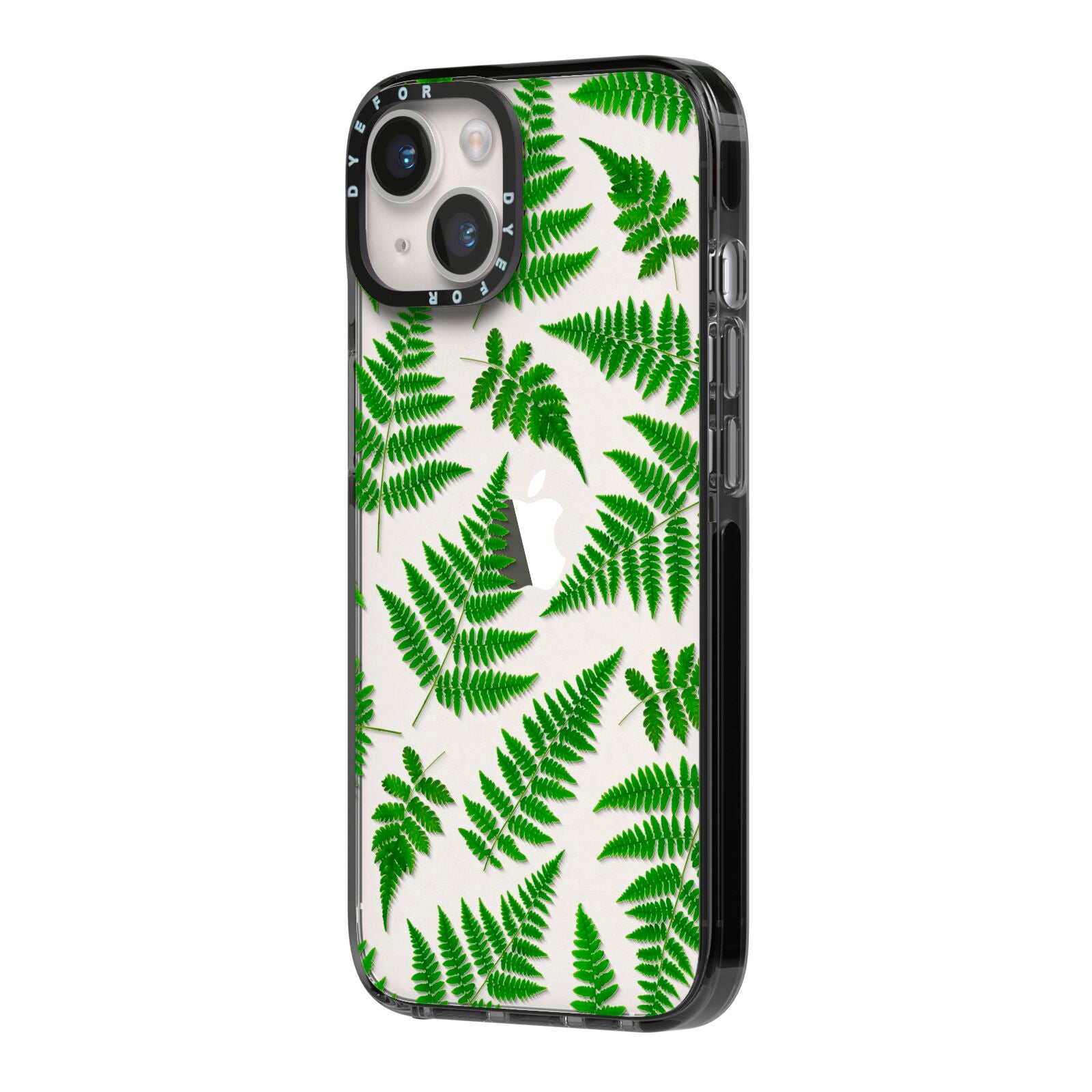 Fern Leaf iPhone 14 Black Impact Case Side Angle on Silver phone