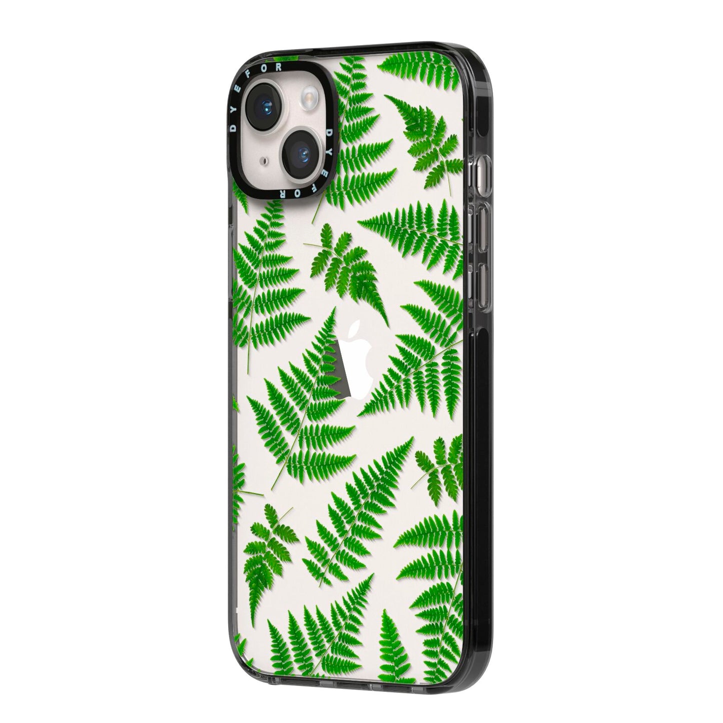 Fern Leaf iPhone 14 Plus Black Impact Case Side Angle on Silver phone