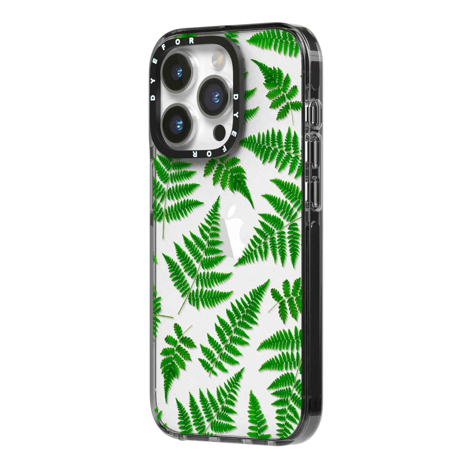 Fern Leaf iPhone 14 Pro Black Impact Case Side Angle on Silver phone