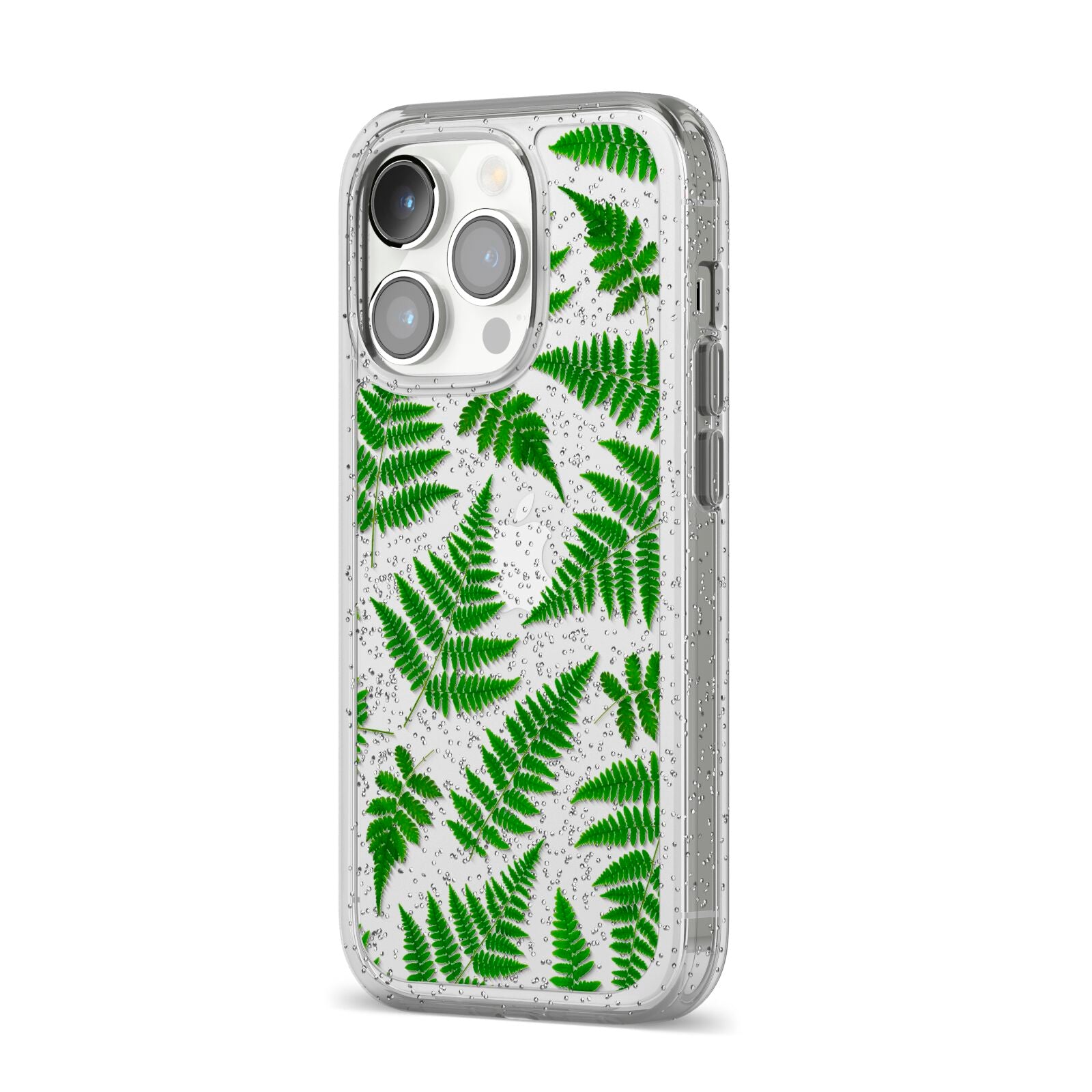 Fern Leaf iPhone 14 Pro Glitter Tough Case Silver Angled Image