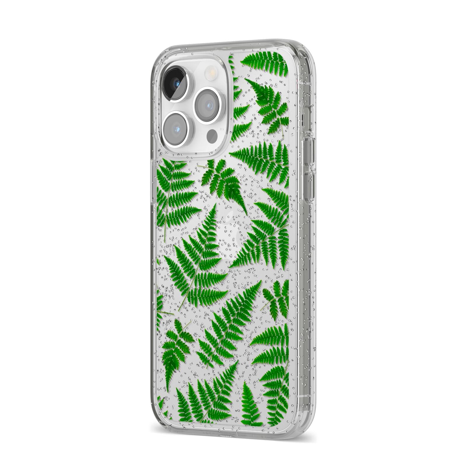 Fern Leaf iPhone 14 Pro Max Glitter Tough Case Silver Angled Image