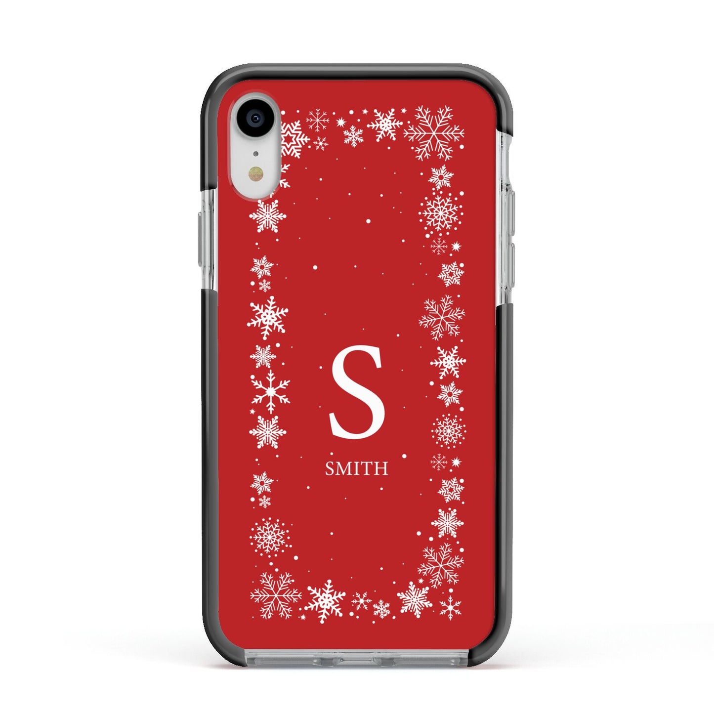 Festive Monogram Personalised Apple iPhone XR Impact Case Black Edge on Silver Phone