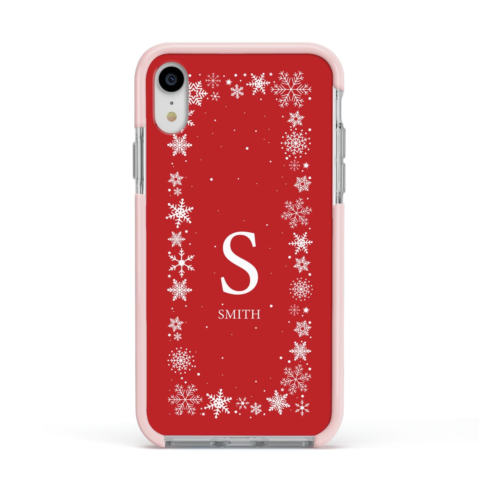 Festive Monogram Personalised Apple iPhone XR Impact Case Pink Edge on Silver Phone